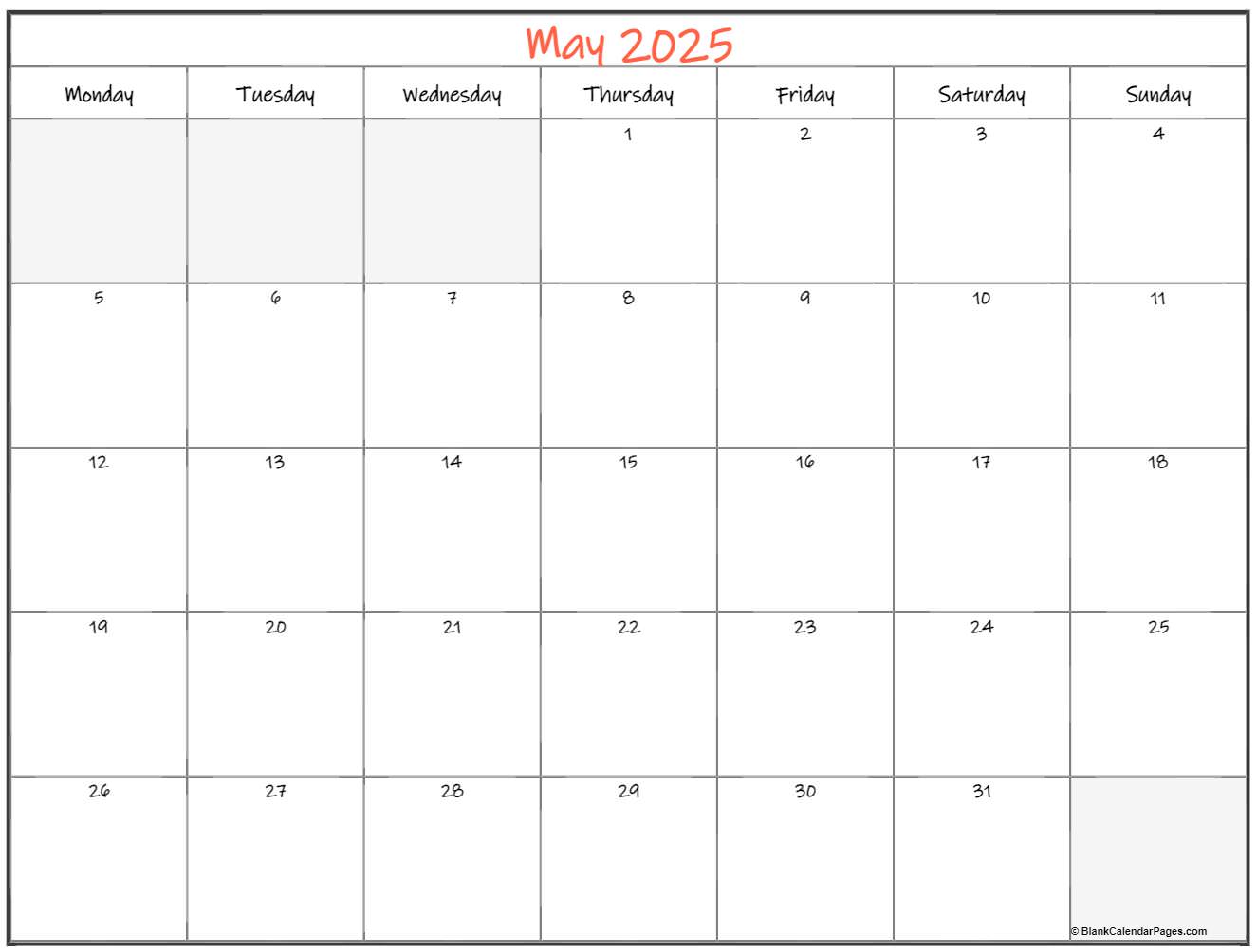 May 2025 Monday calendar. Monday to Sunday