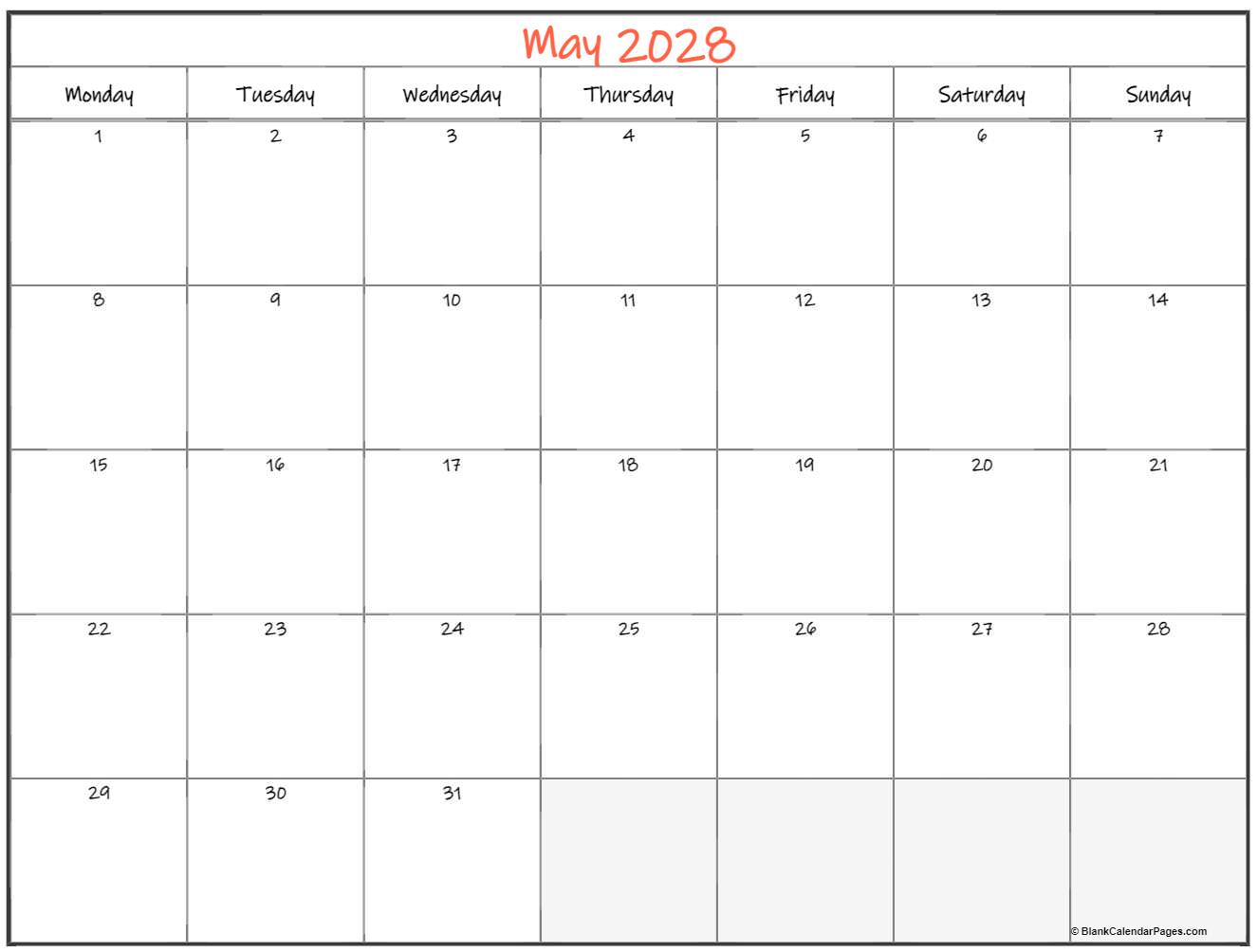 May 2028 Monday calendar. Monday to Sunday