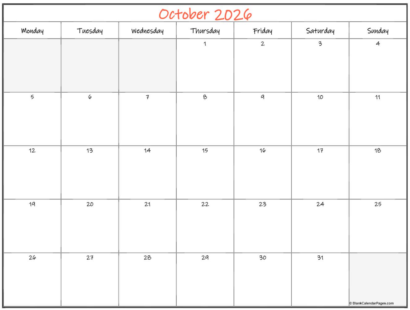 October 2026 Monday Calendar Monday To Sunday