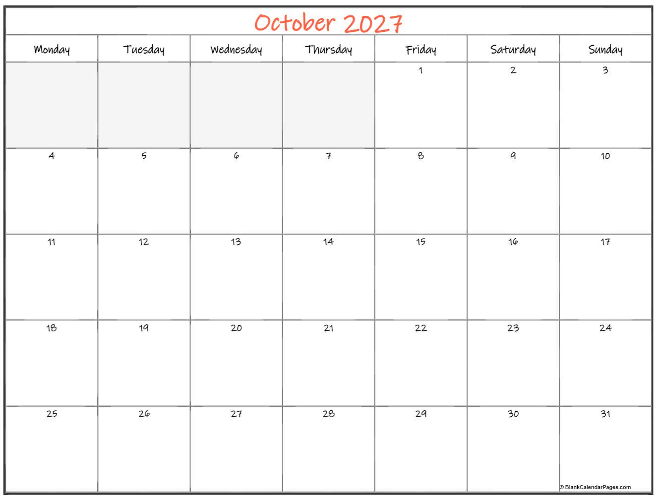 October 2027 Monday calendar. Monday to Sunday