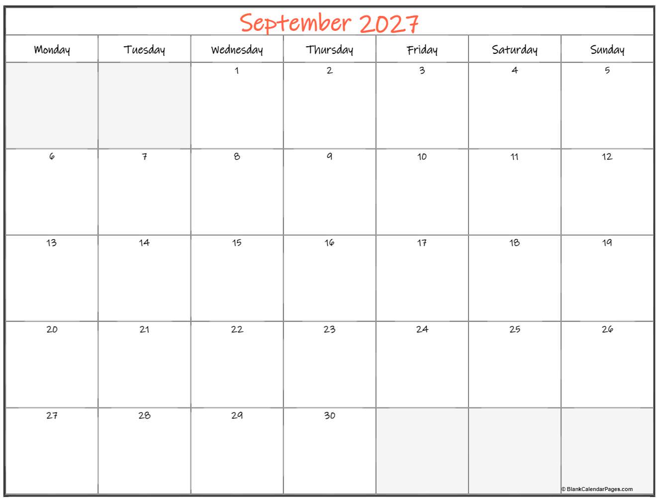 September 2027 Monday calendar. Monday to Sunday