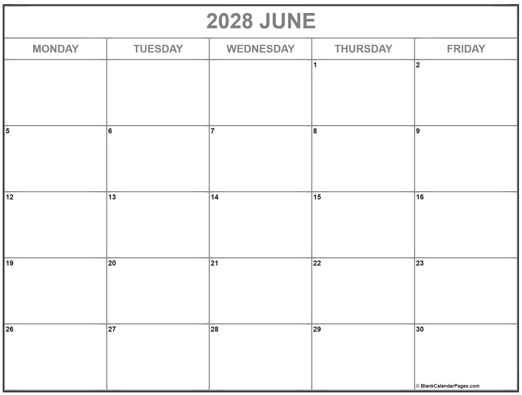June 2028 Monday through Friday calendar.