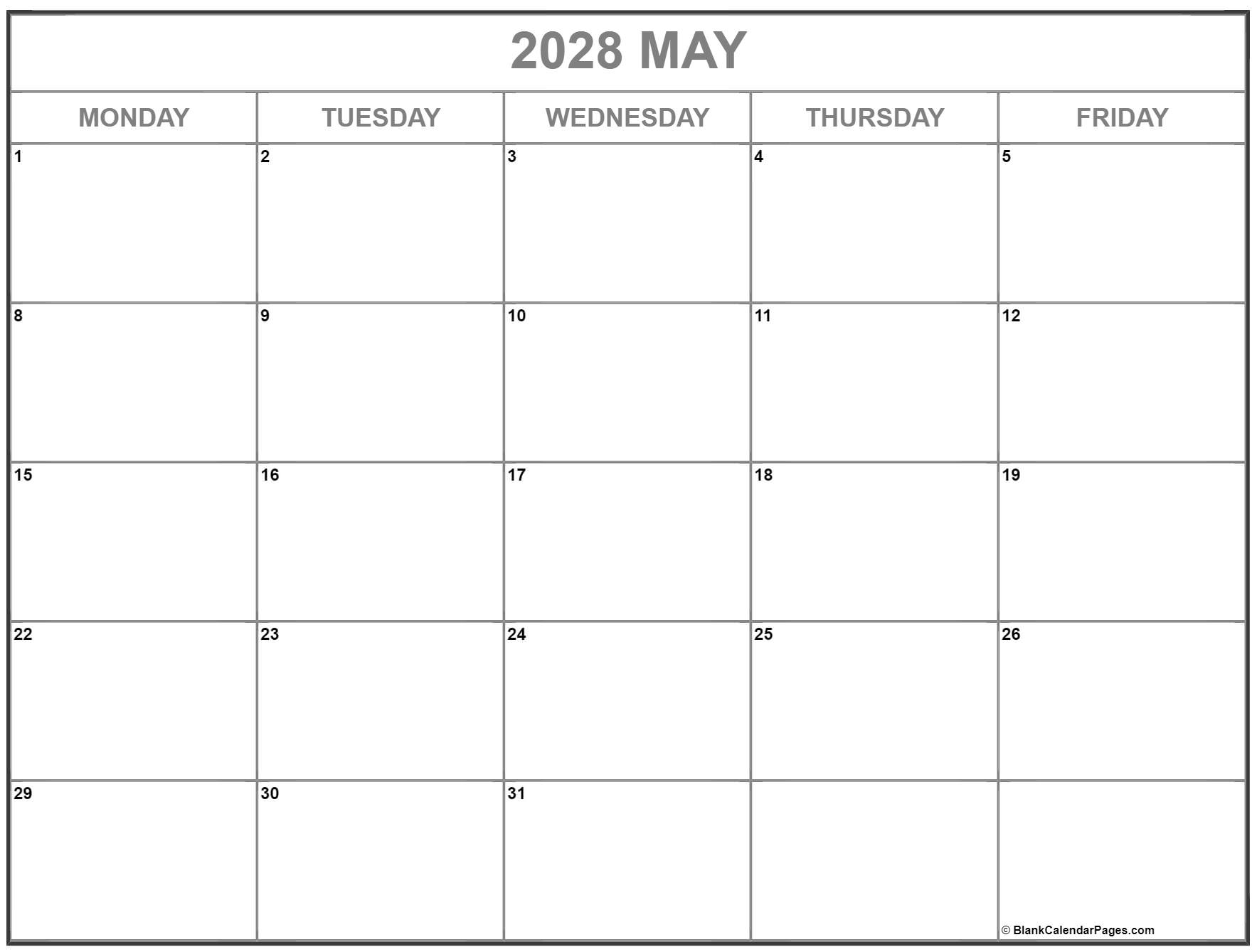 May 2028 Monday through Friday calendar.
