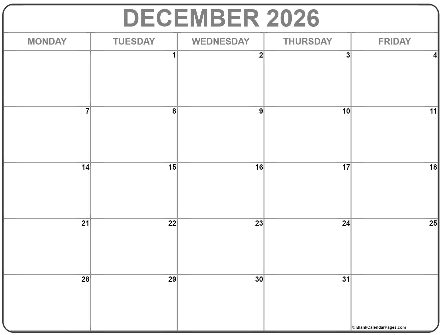 December 2026 Monday Calendar Monday To Sunday