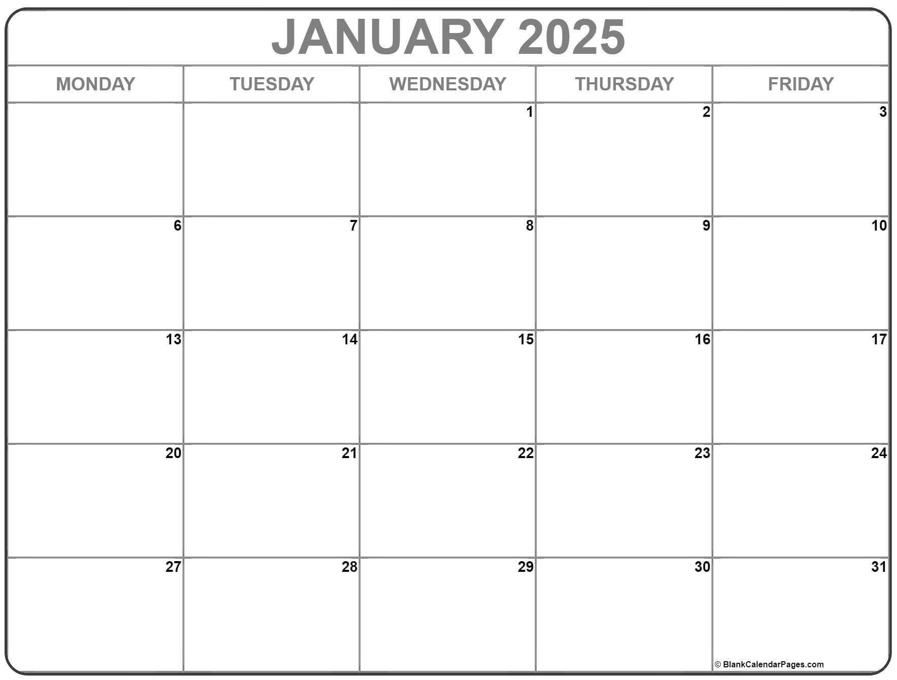 January 2025 Monday Calendar Monday to Sunday