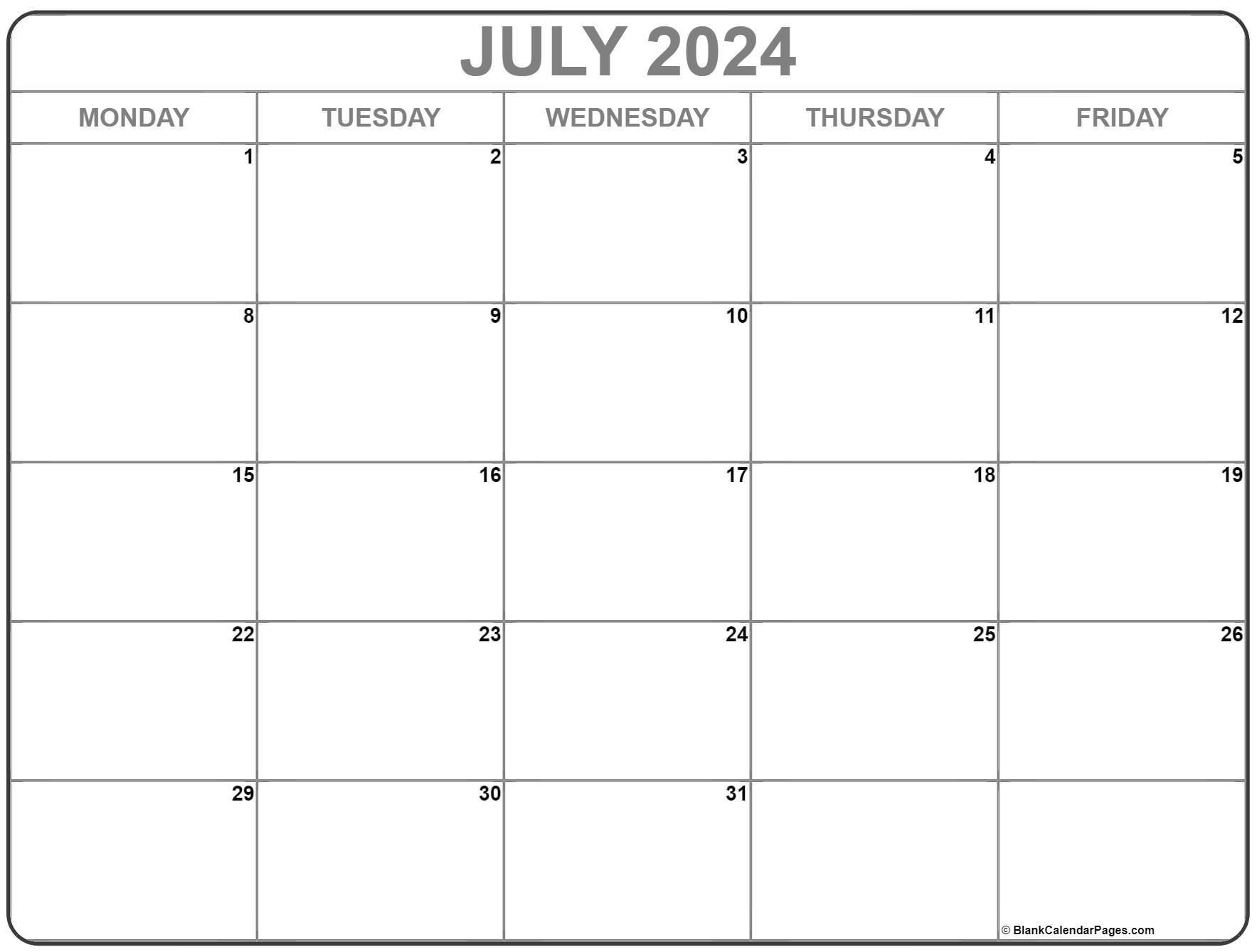 July 2024 Monday Calendar Monday to Sunday