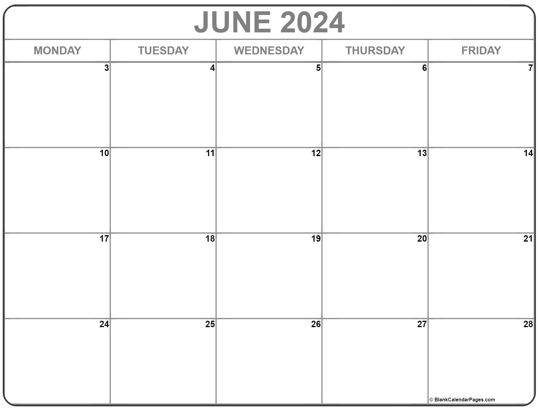 June 2022 Monday Calendar Monday to Sunday