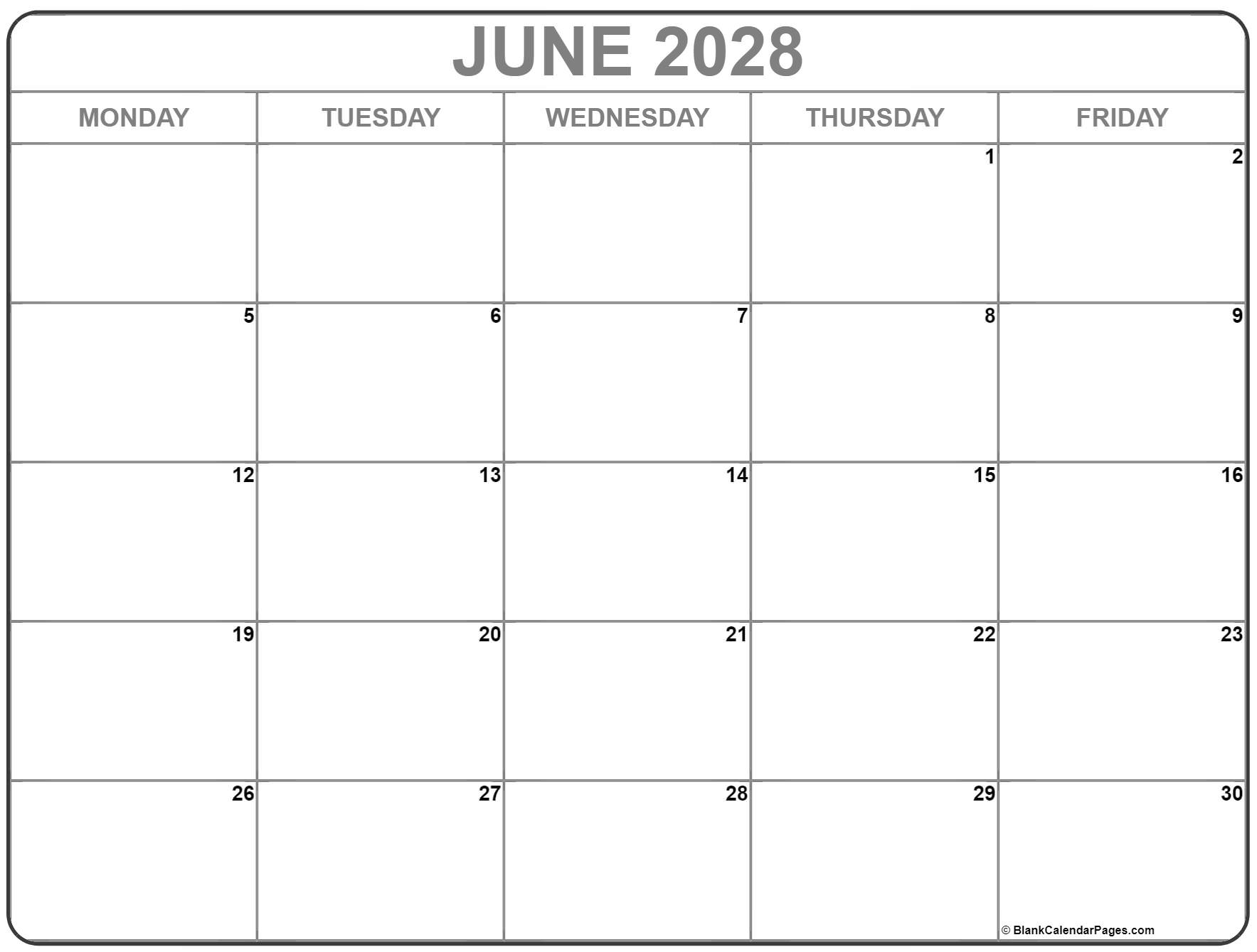 June 2028 Monday through Friday calendar.