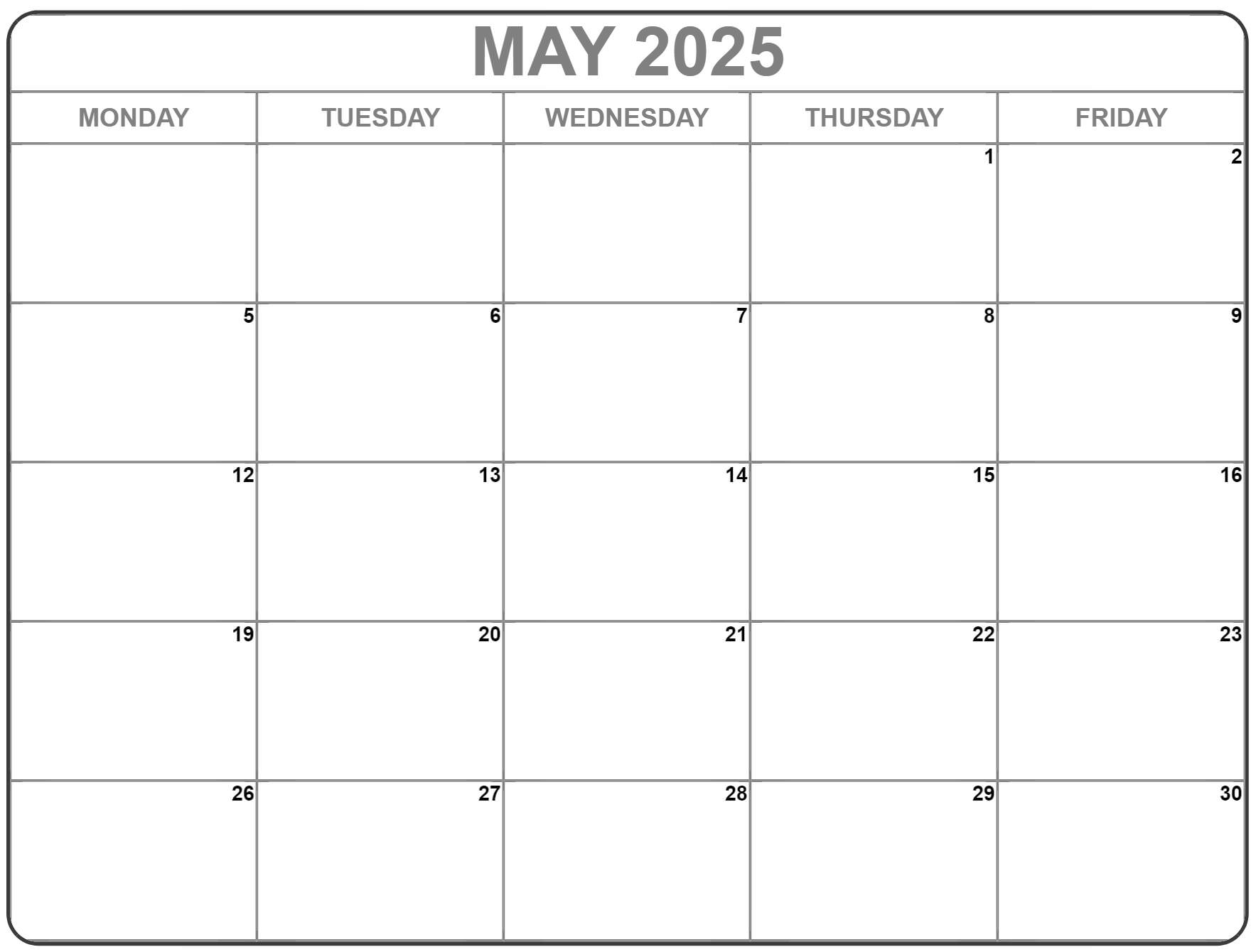 May 2025 Monday Calendar Monday To Sunday