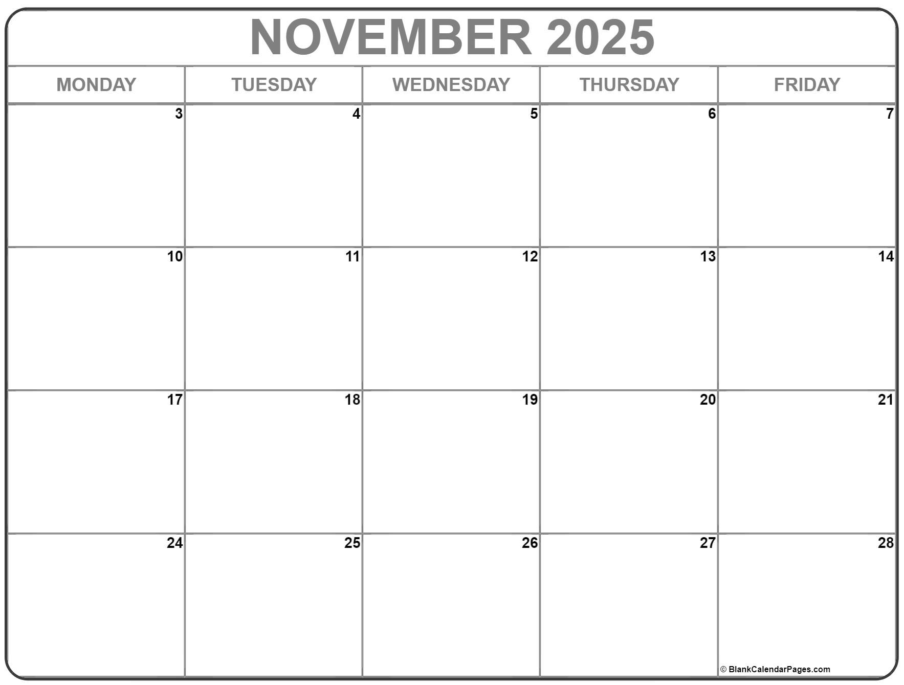 November 2021 Monday Calendar | Monday to Sunday