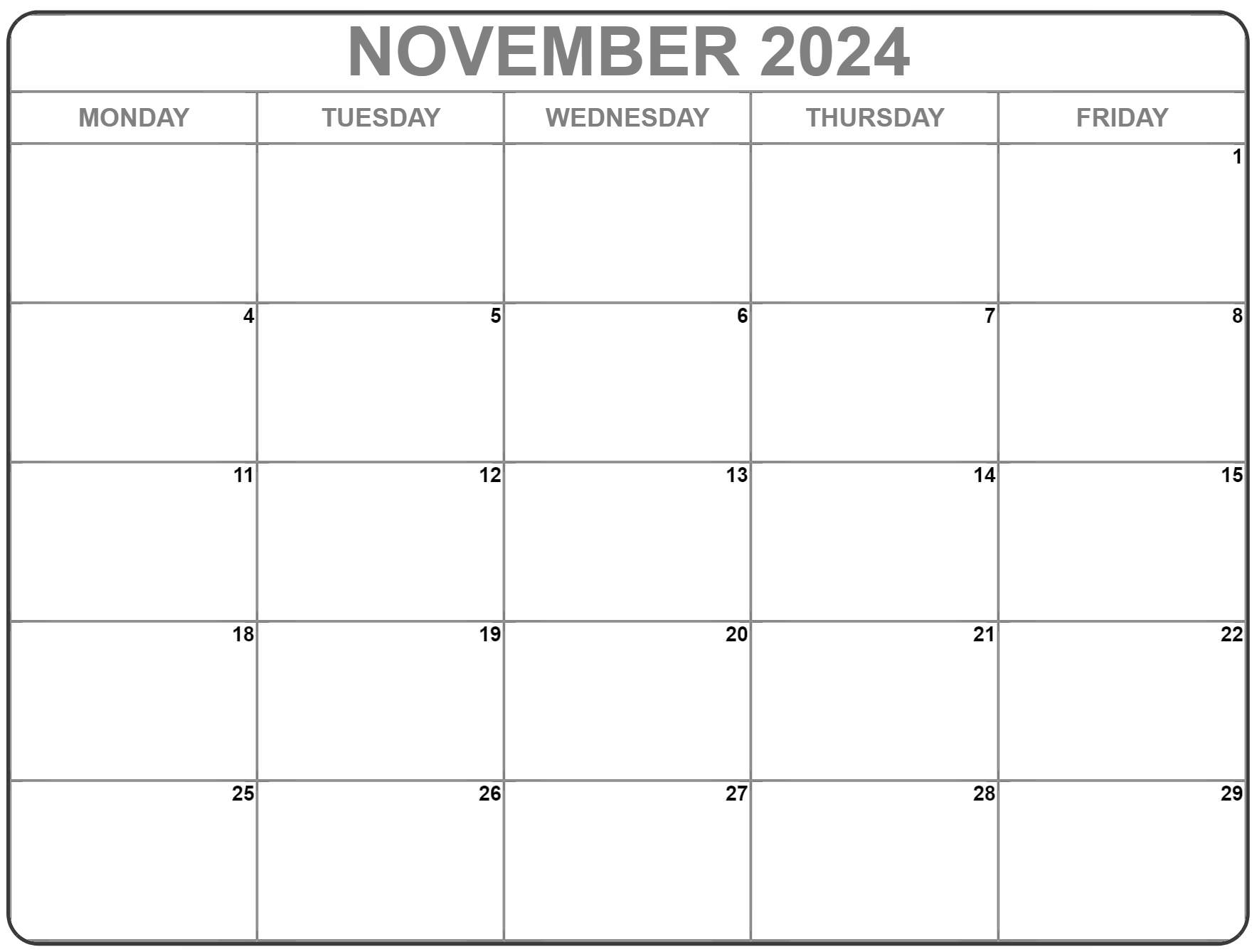 November 2024 Monday Calendar Monday to Sunday
