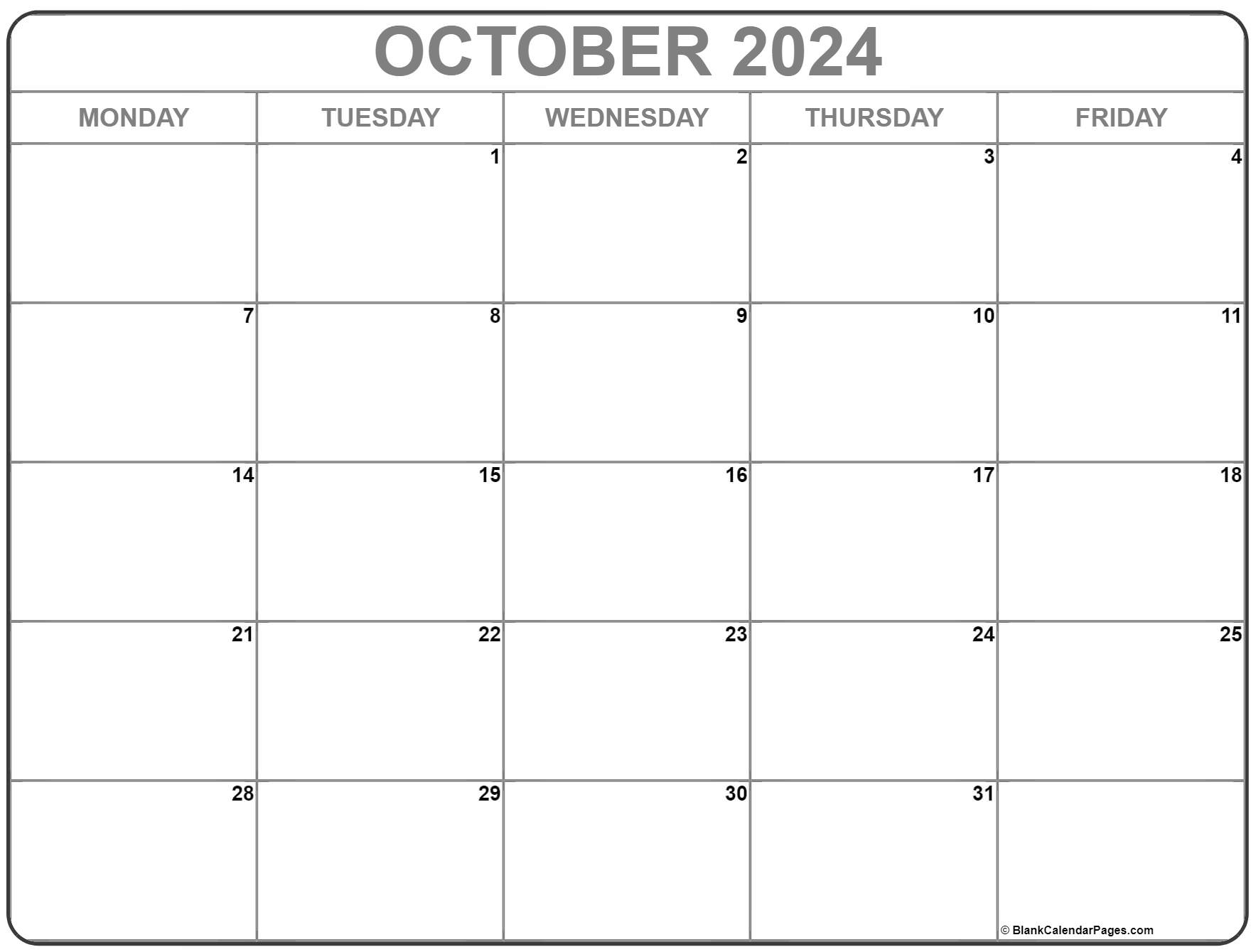 October 2022 Monday Calendar Monday to Sunday