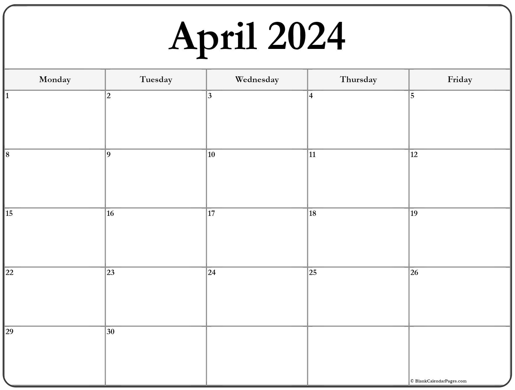 April 2021 Monday Calendar Monday to Sunday