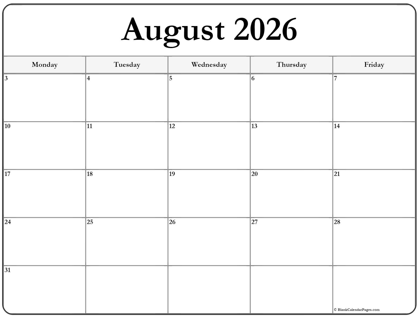 August 2024 Monday Calendar Monday To Sunday