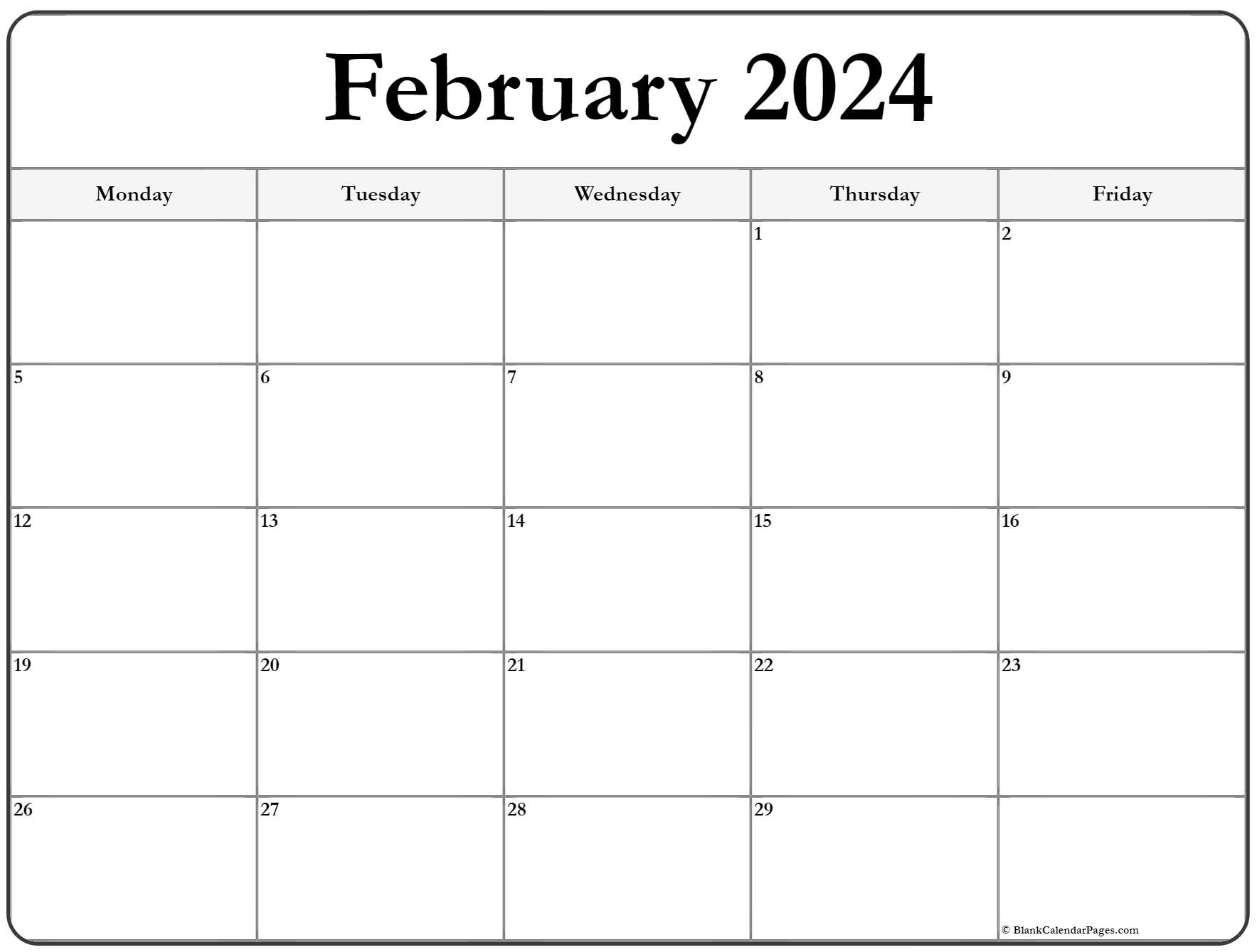 February 2021 Monday Calendar | Monday to Sunday