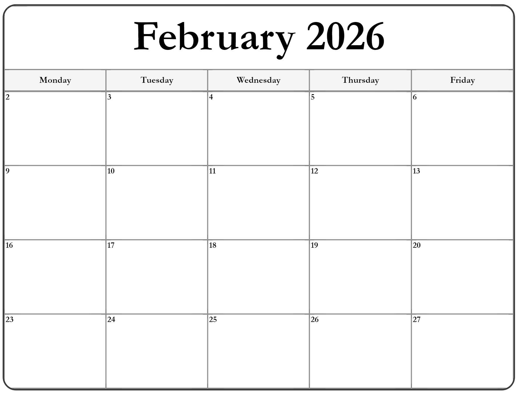 February 2026 Monday Calendar | Monday to Sunday