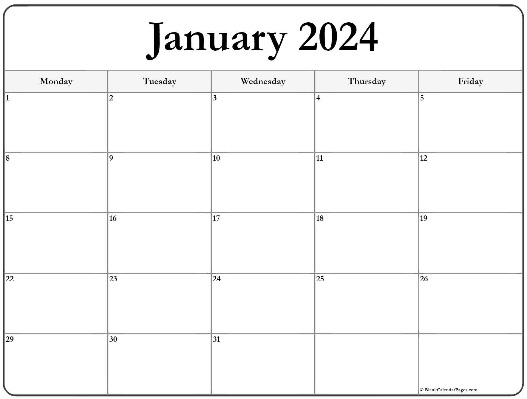 January 2021 Monday Calendar Monday to Sunday