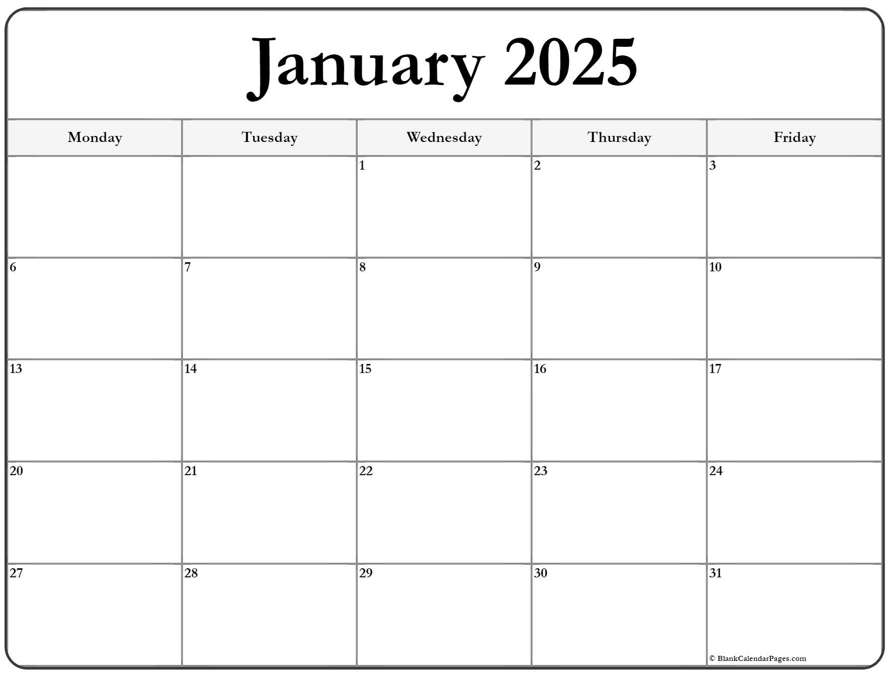 January 2025 Monday Calendar | Monday to Sunday