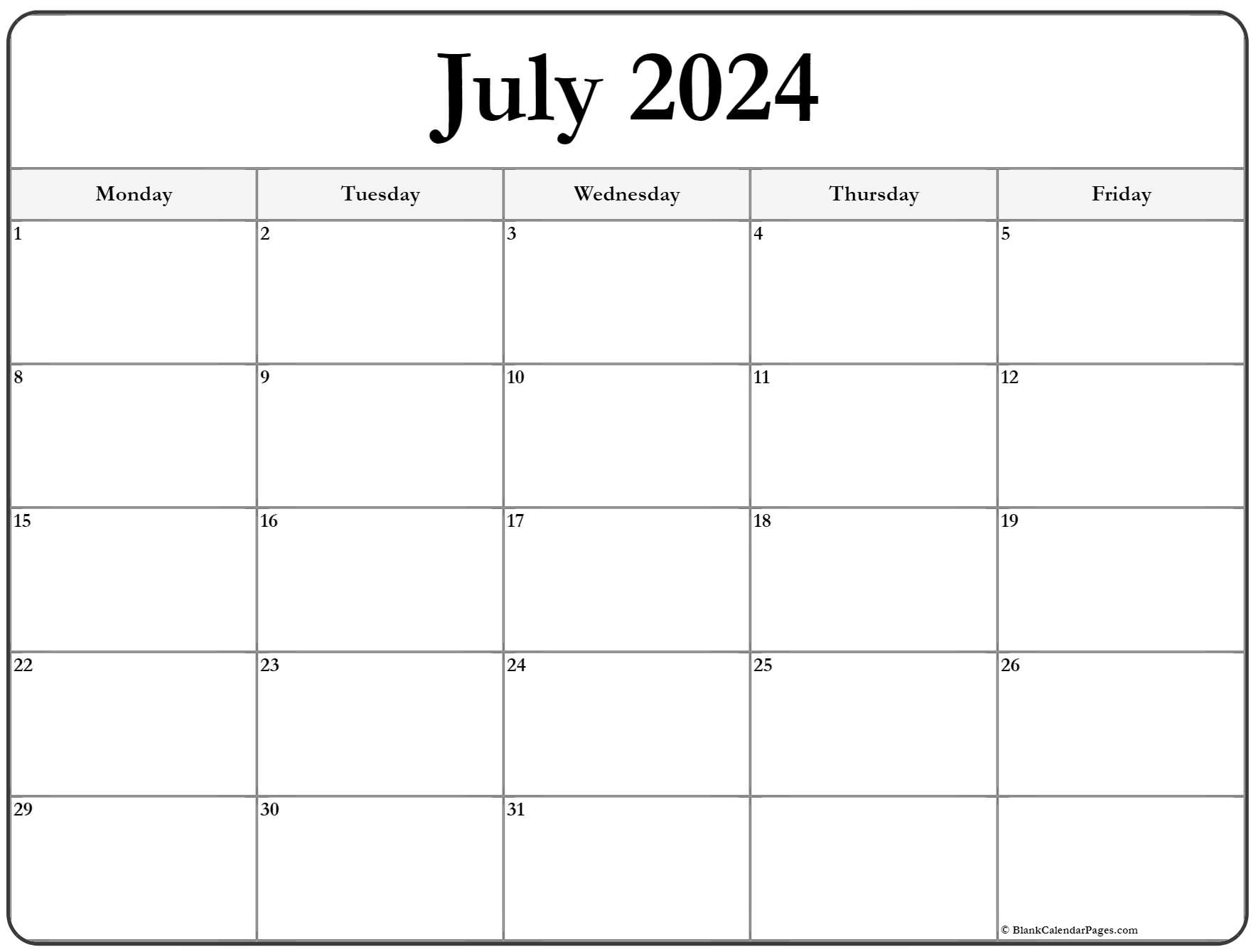 July 2022 Monday Calendar Monday to Sunday