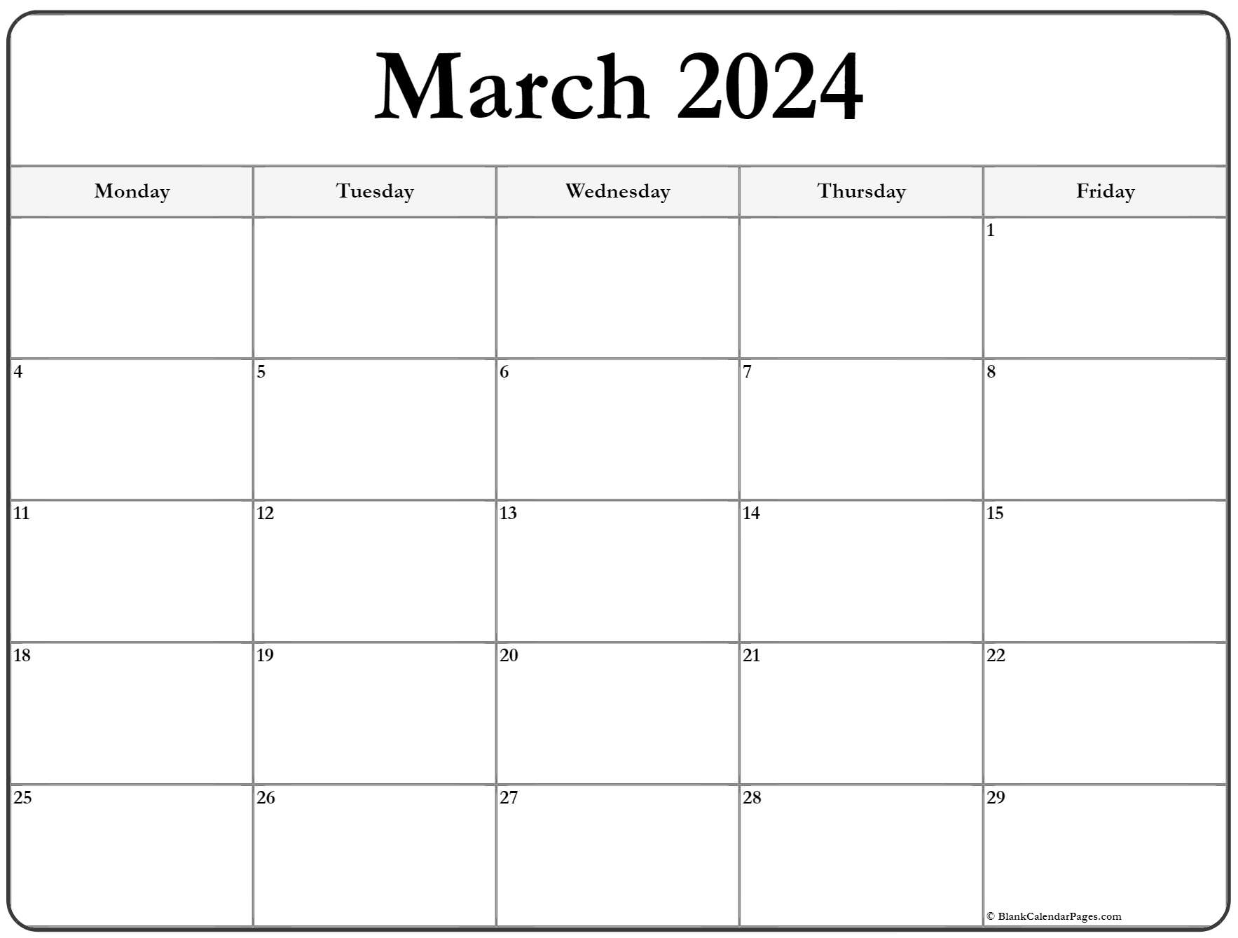 March 2022 Monday Calendar Monday to Sunday