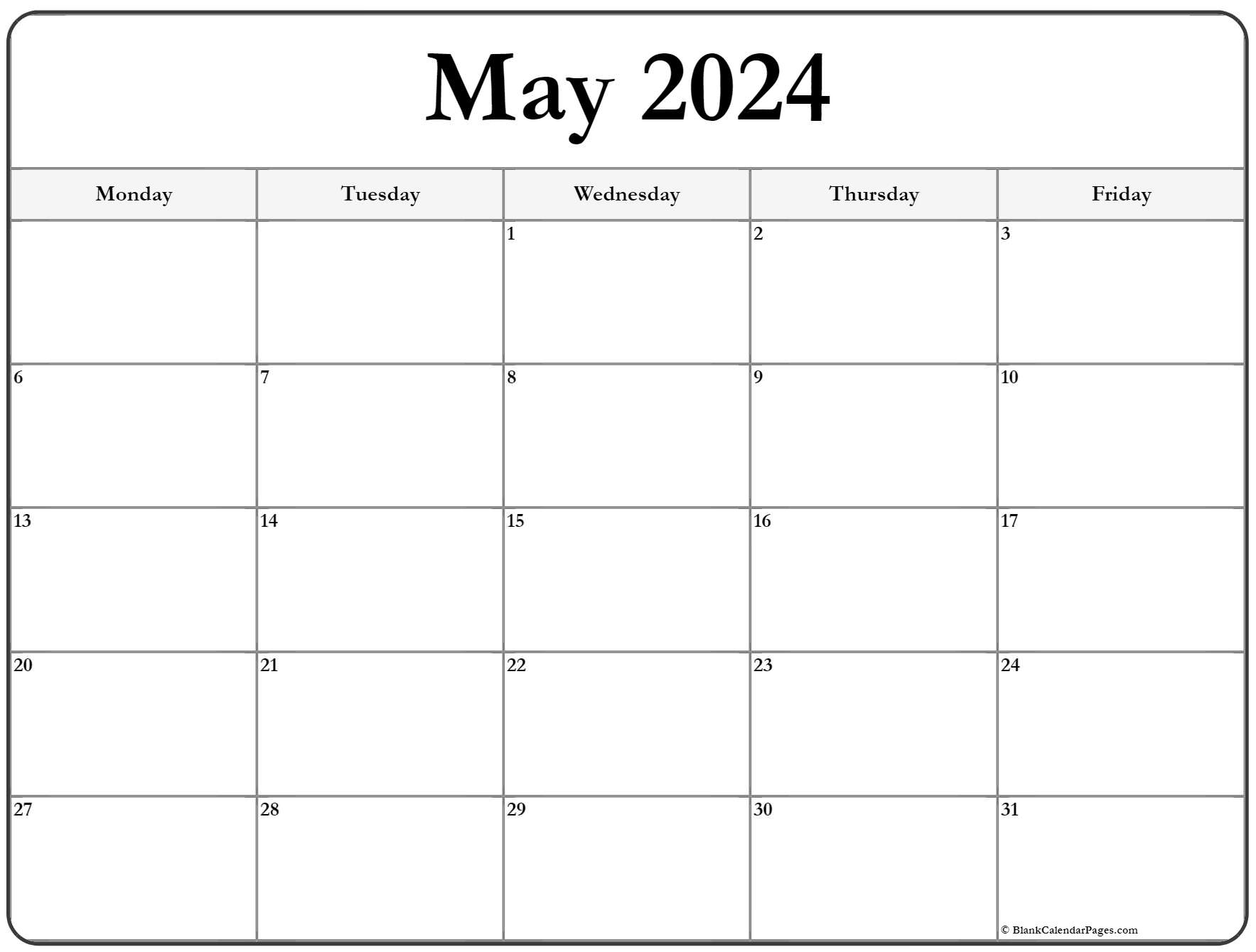 May 2020 Monday Calendar | Monday to Sunday