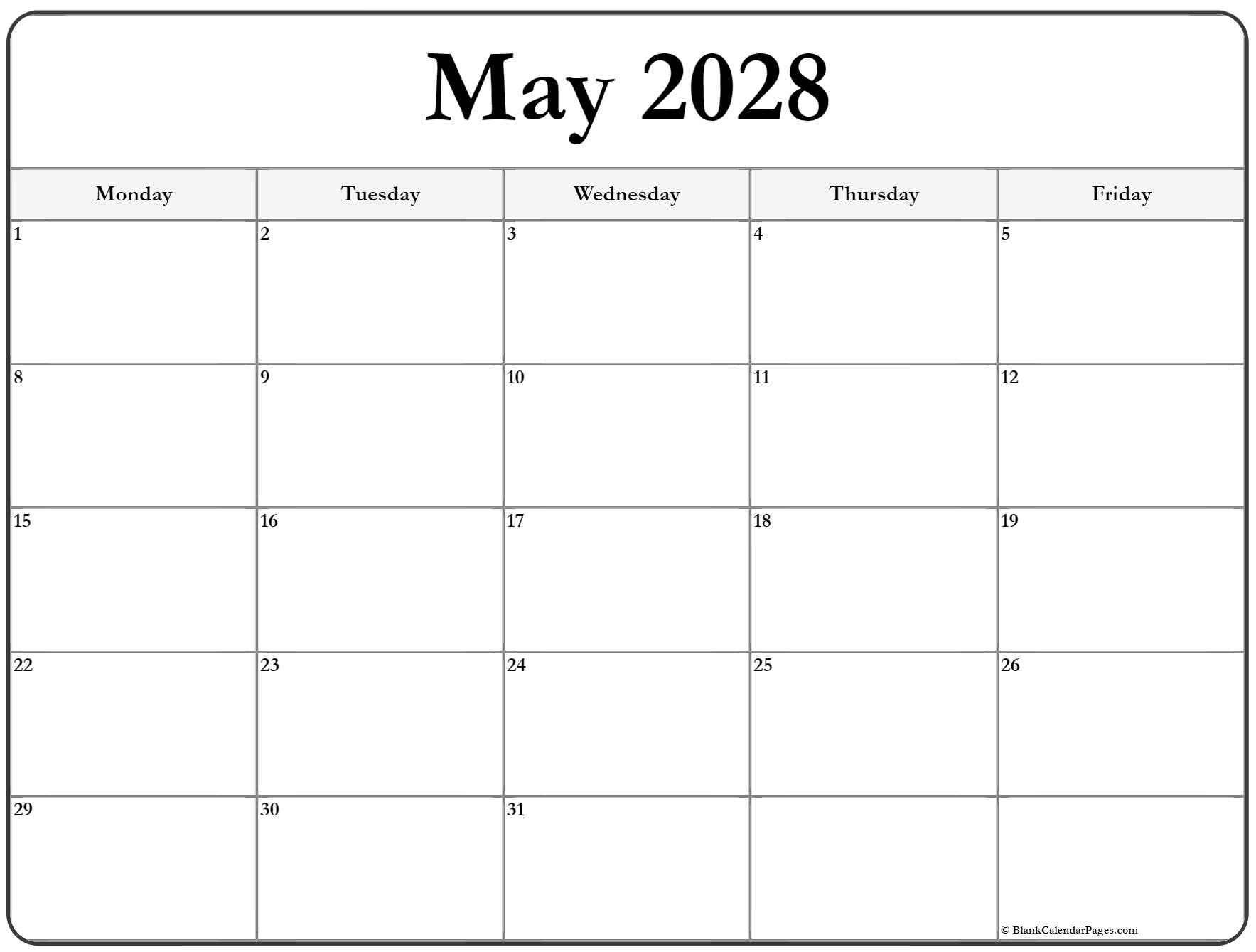 May 2028 Monday through Friday calendar.