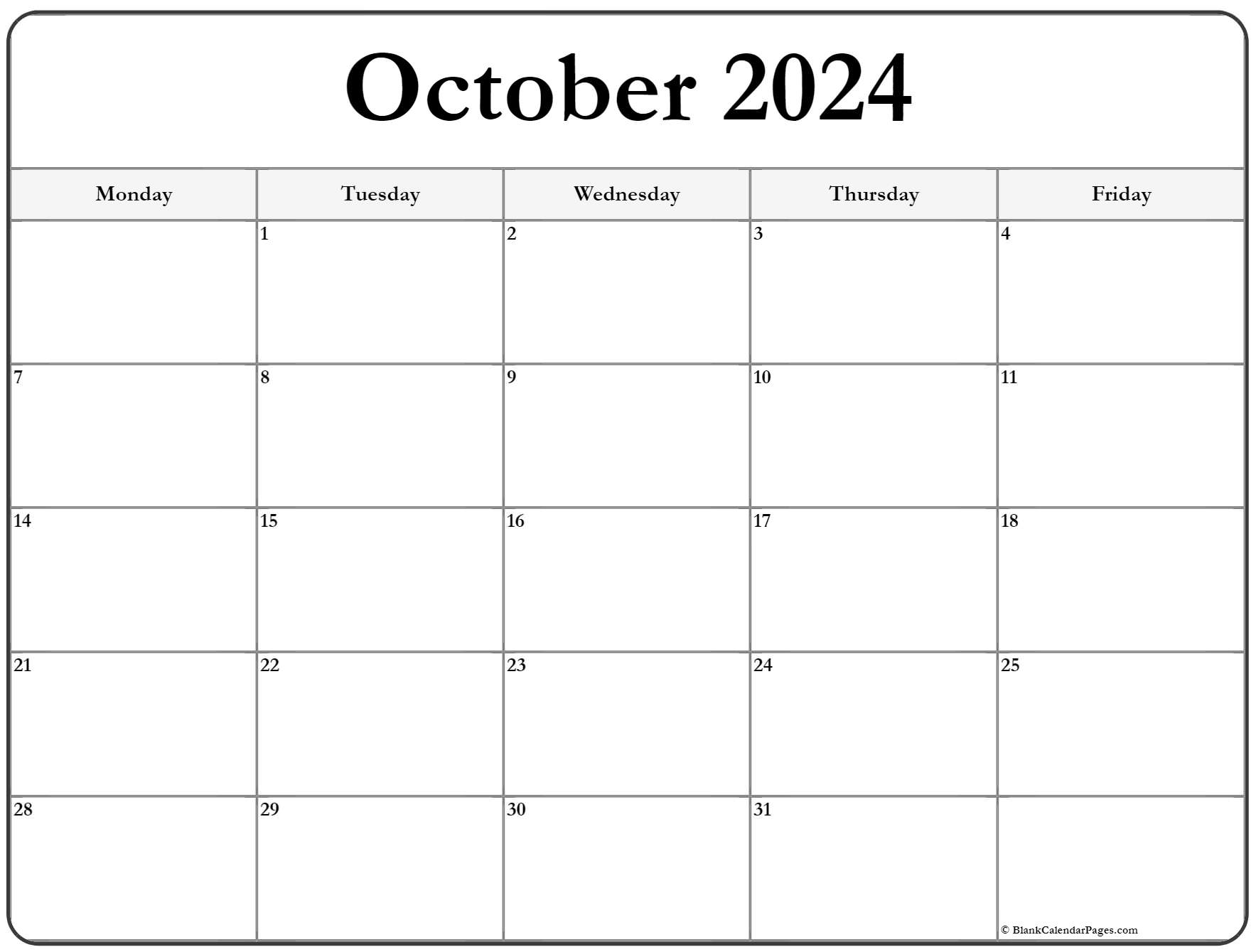 October 2024 Monday Calendar Monday to Sunday