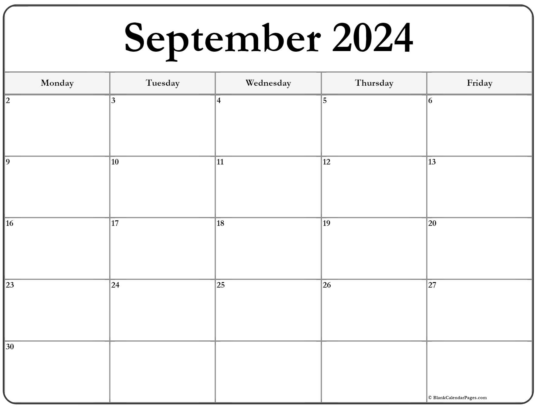 September 2020 Monday Calendar Monday to Sunday
