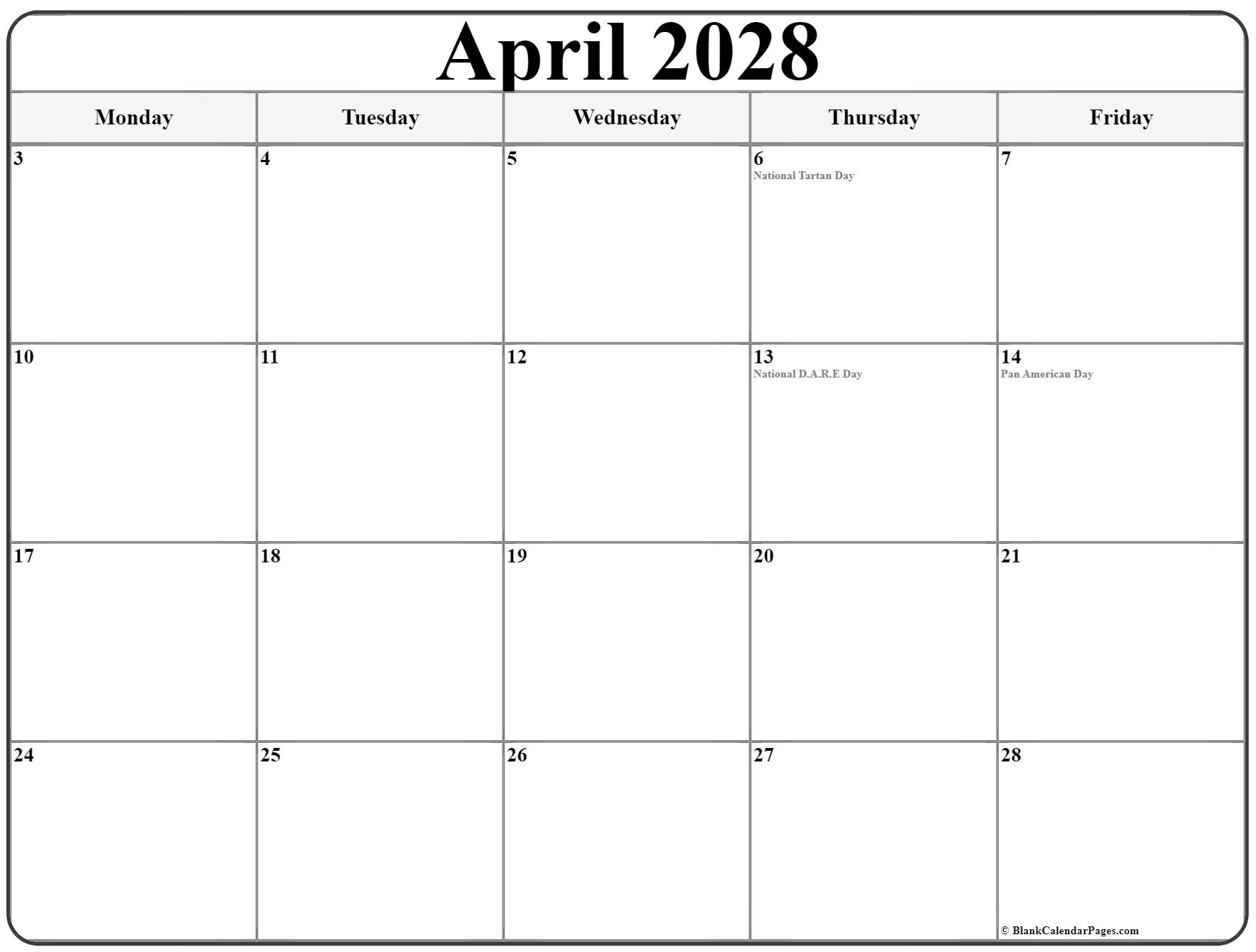 April 2028 Monday through Friday calendar with US Holidays.