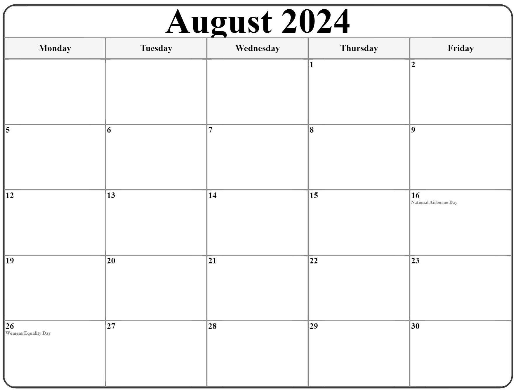 August 2024 Monday Calendar | Monday to Sunday