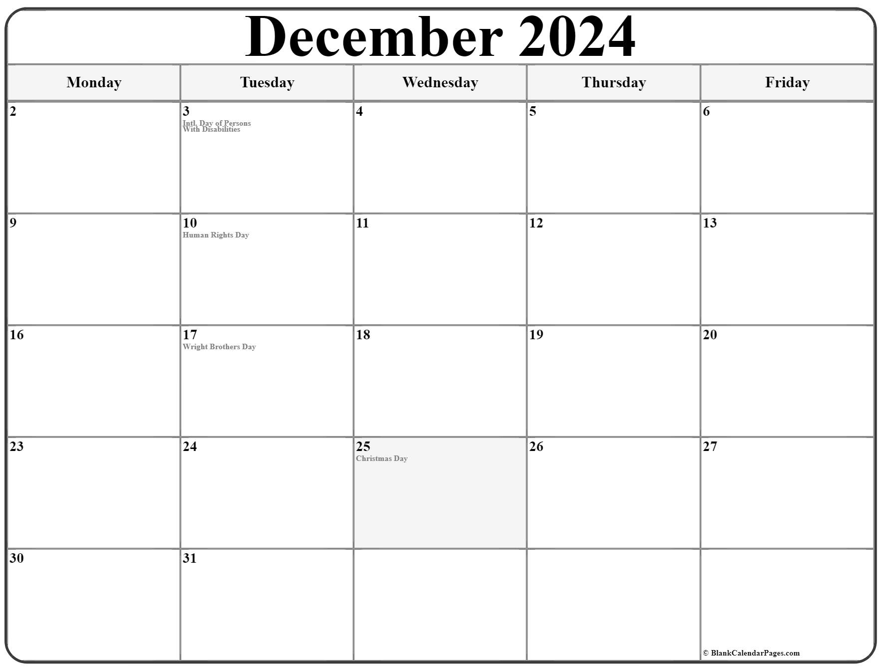 December 2021 Monday Calendar Monday To Sunday