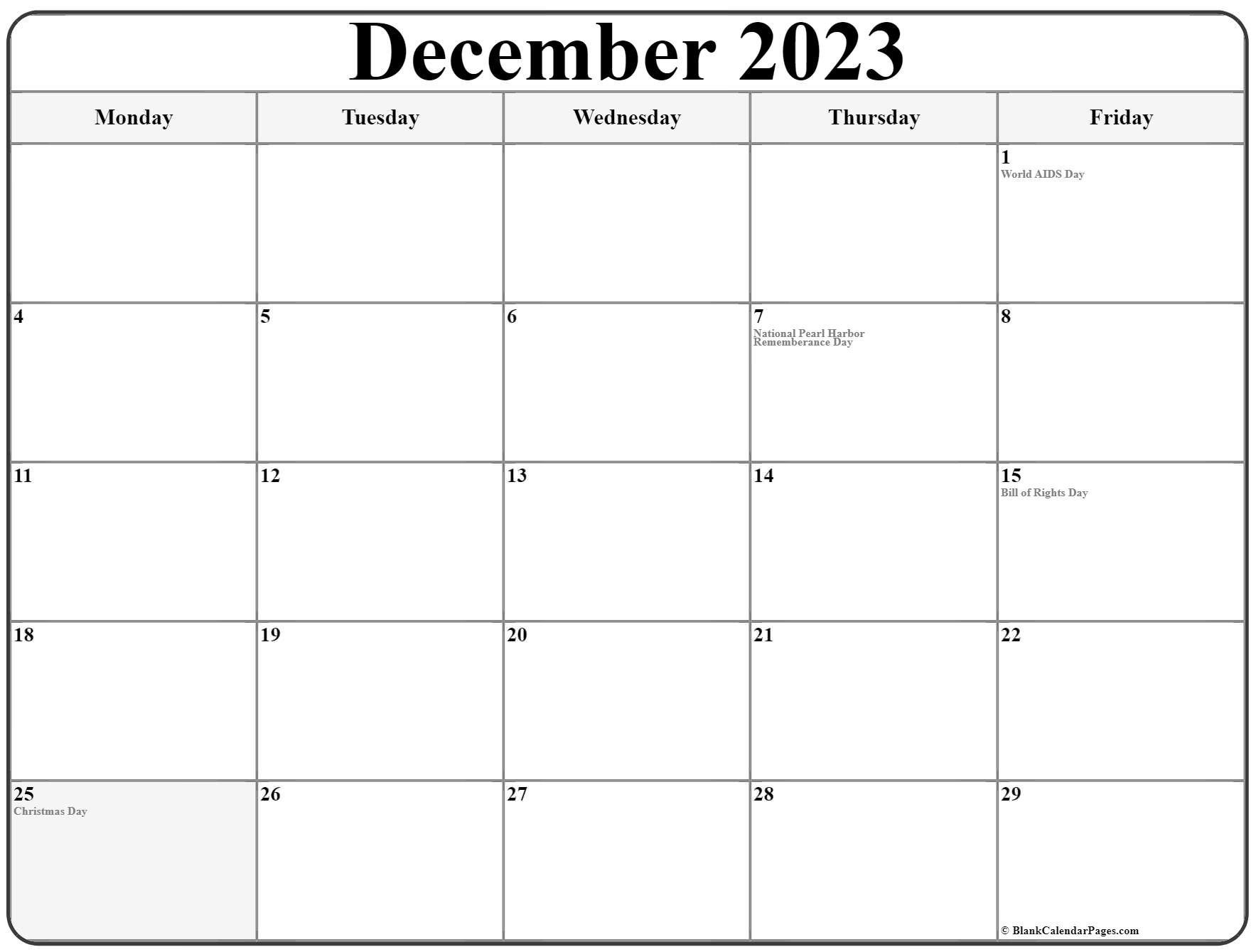 December 2023 Monday Calendar Monday to Sunday