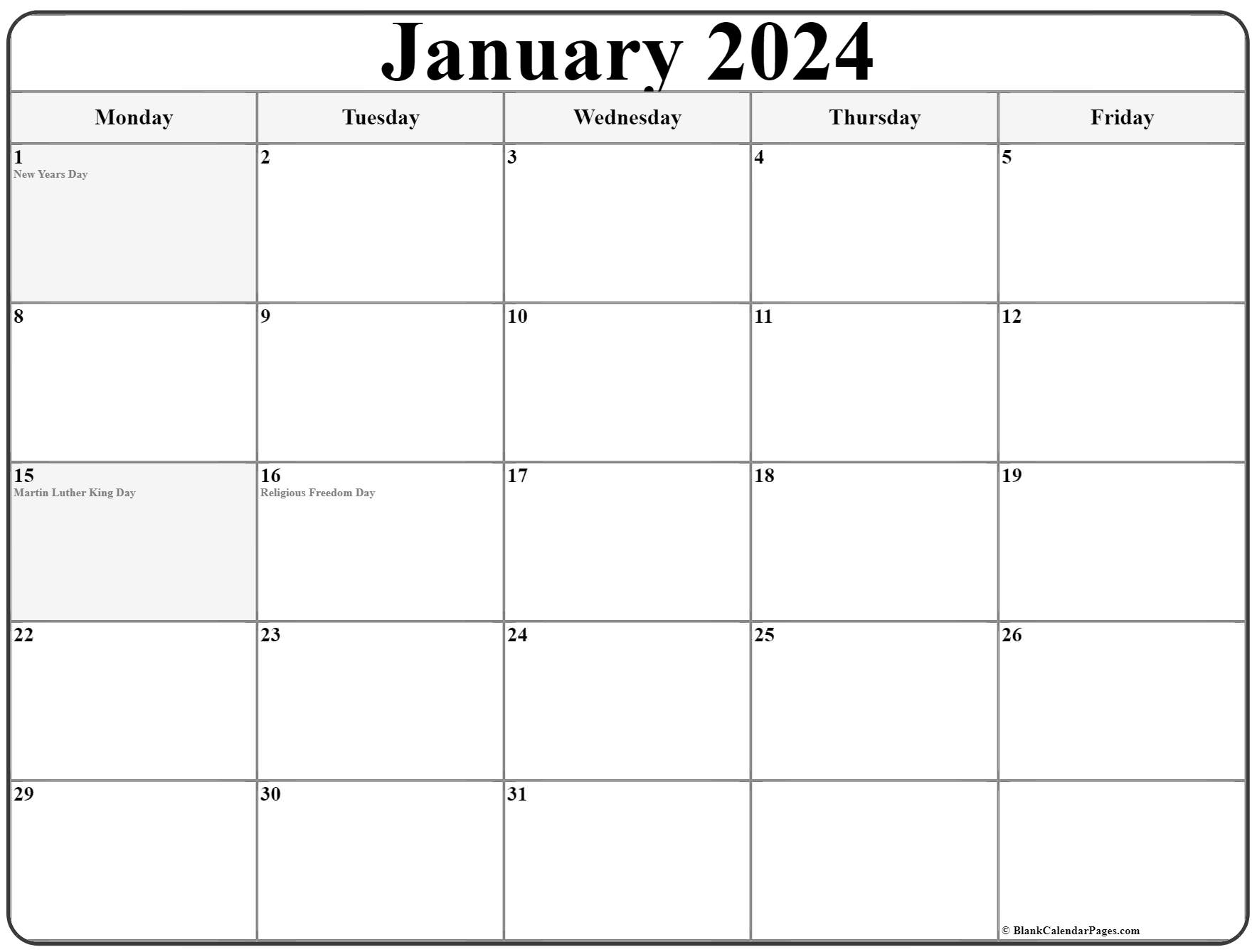 January 2020 Monday Calendar Monday to Sunday