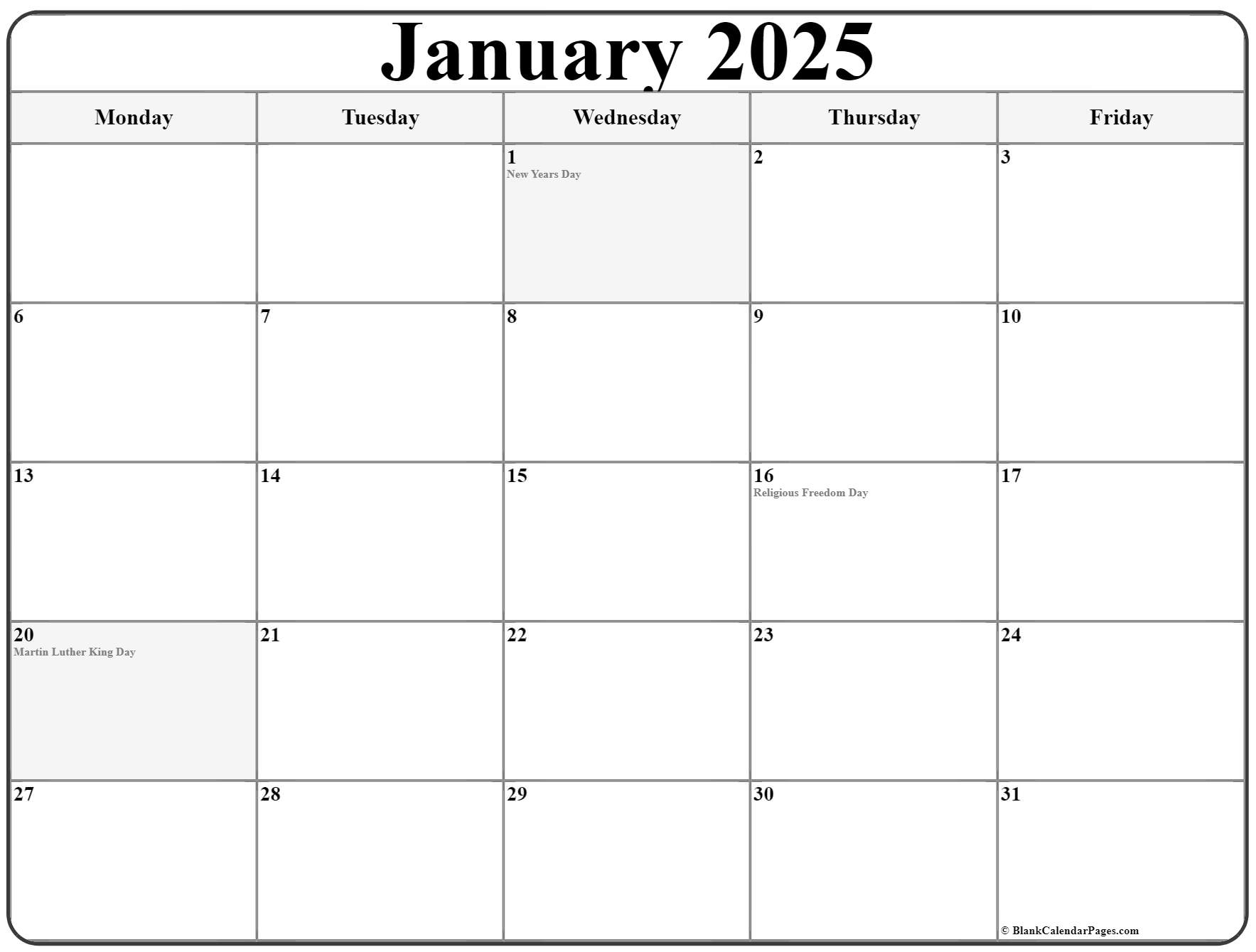 Jan 2025 Calendar Printable Free With Holiday Calendar