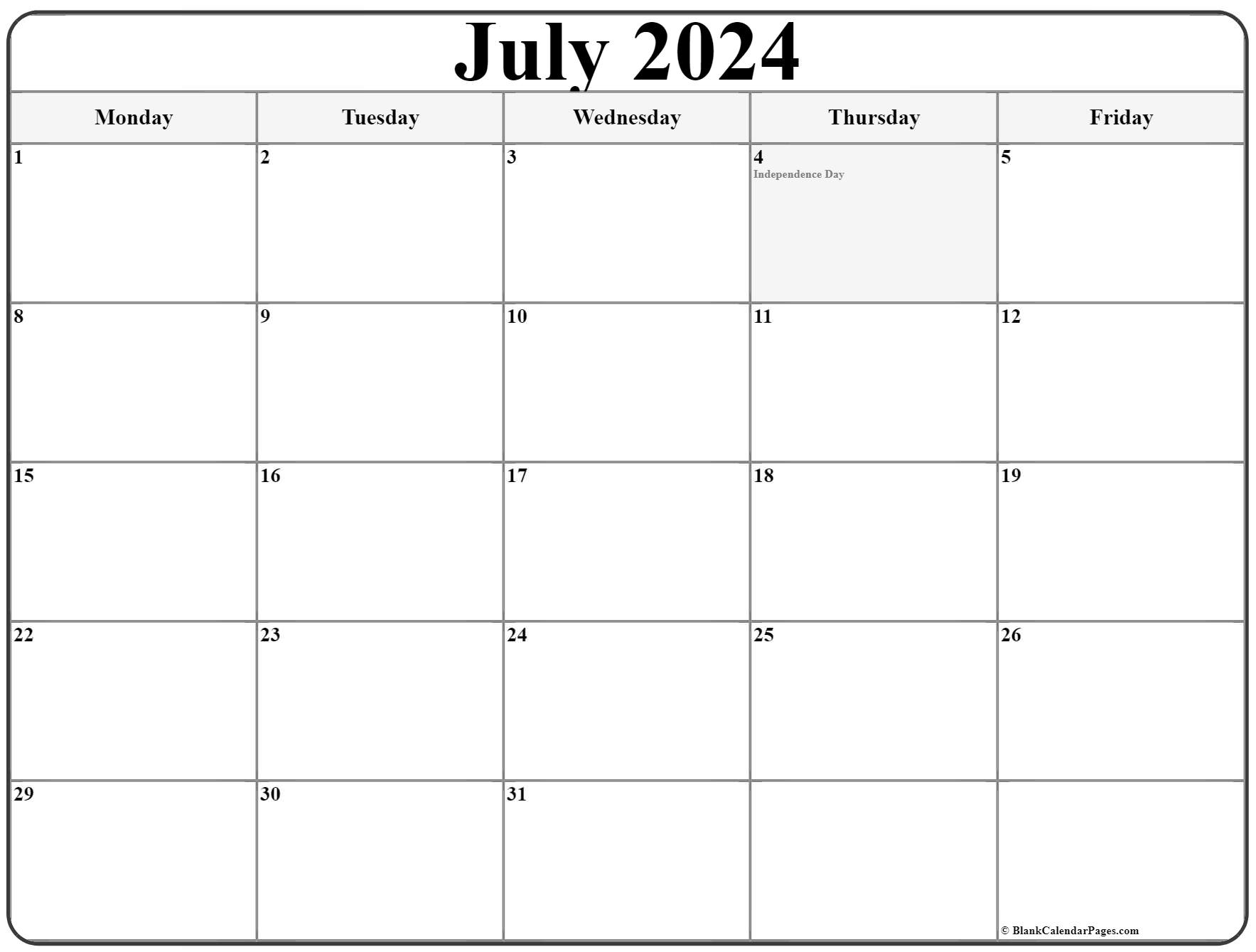 July 2021 Monday Calendar Monday to Sunday