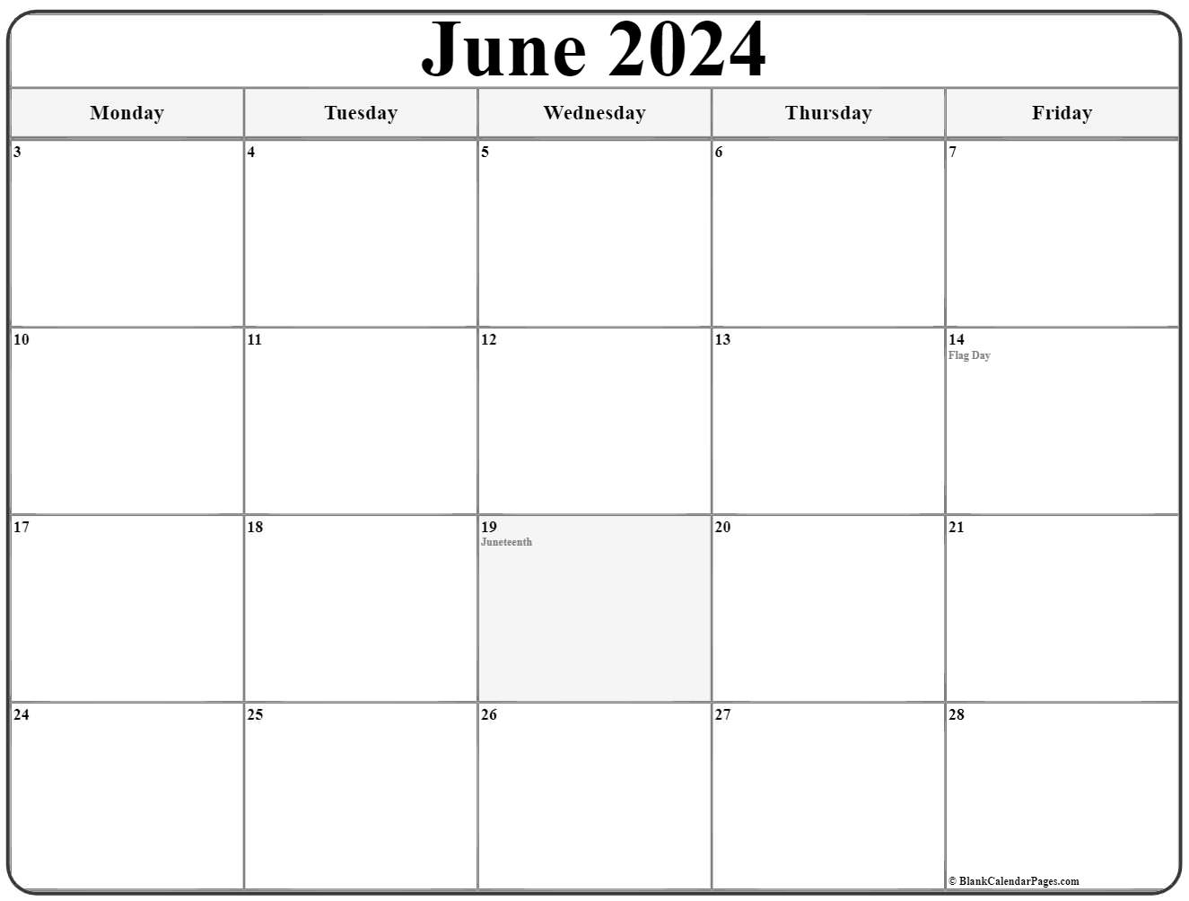 June 2021 Monday Calendar Monday to Sunday