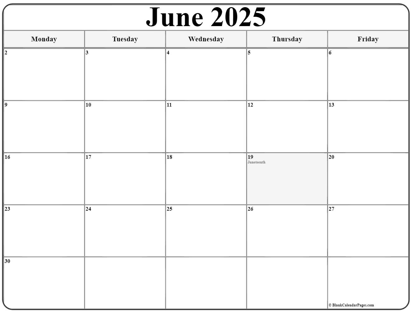 June 2025 Monday Calendar Monday to Sunday