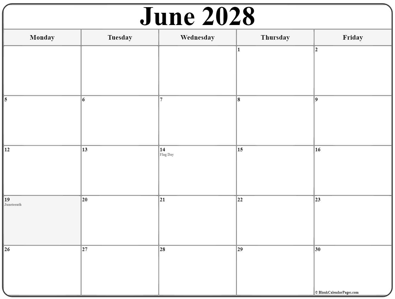 June 2028 Monday through Friday calendar with US Holidays.