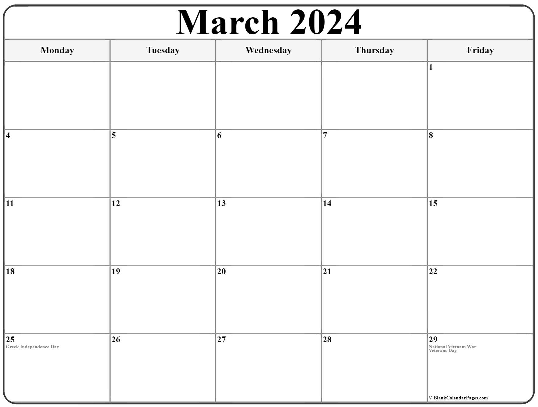 March 2020 Monday Calendar Monday to Sunday