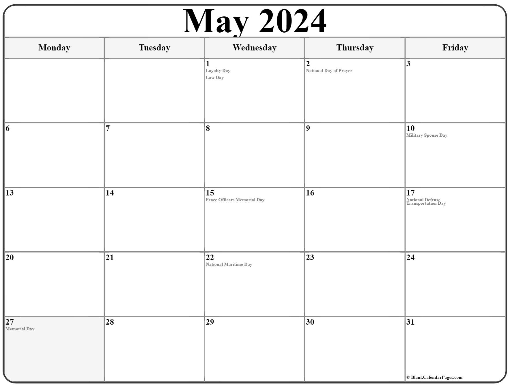 May 2023 Monday Calendar Monday to Sunday