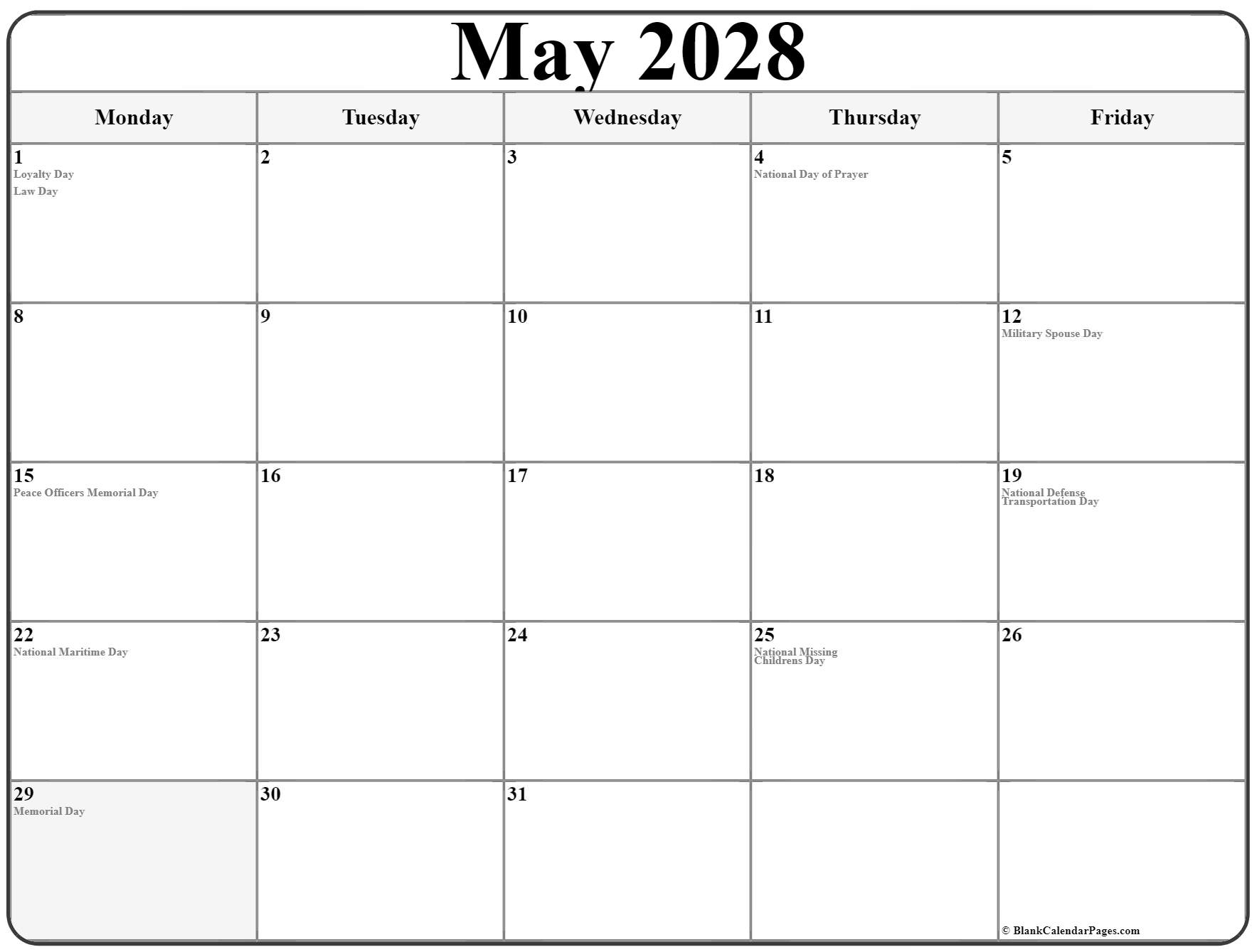 May 2028 Monday through Friday calendar with US Holidays.