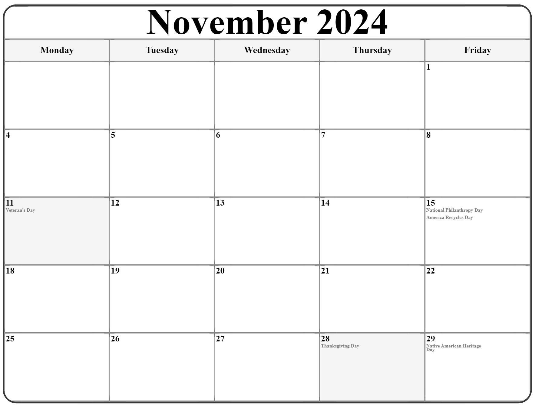 November 2020 Monday Calendar Monday to Sunday