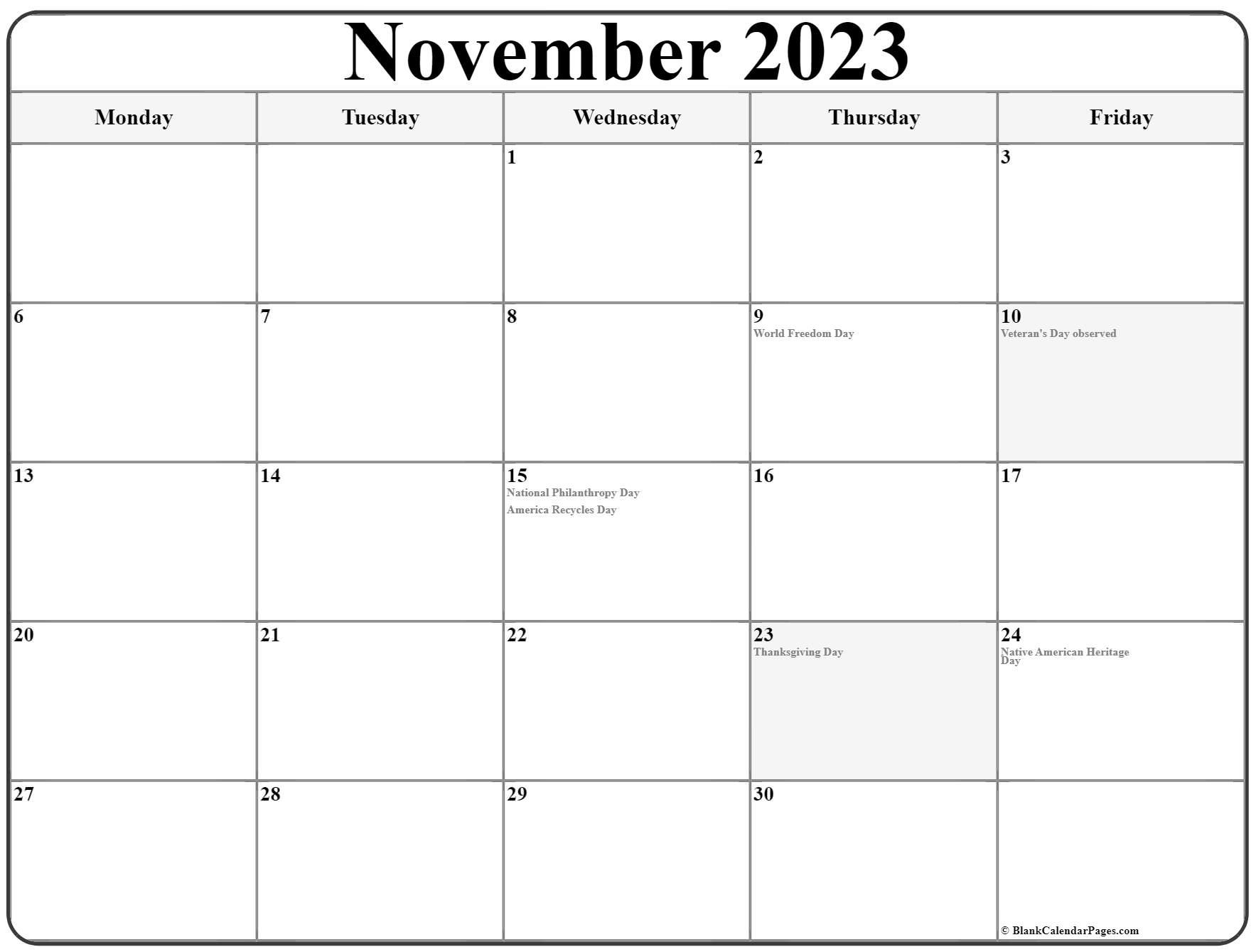 November 2023 Monday Calendar Monday to Sunday