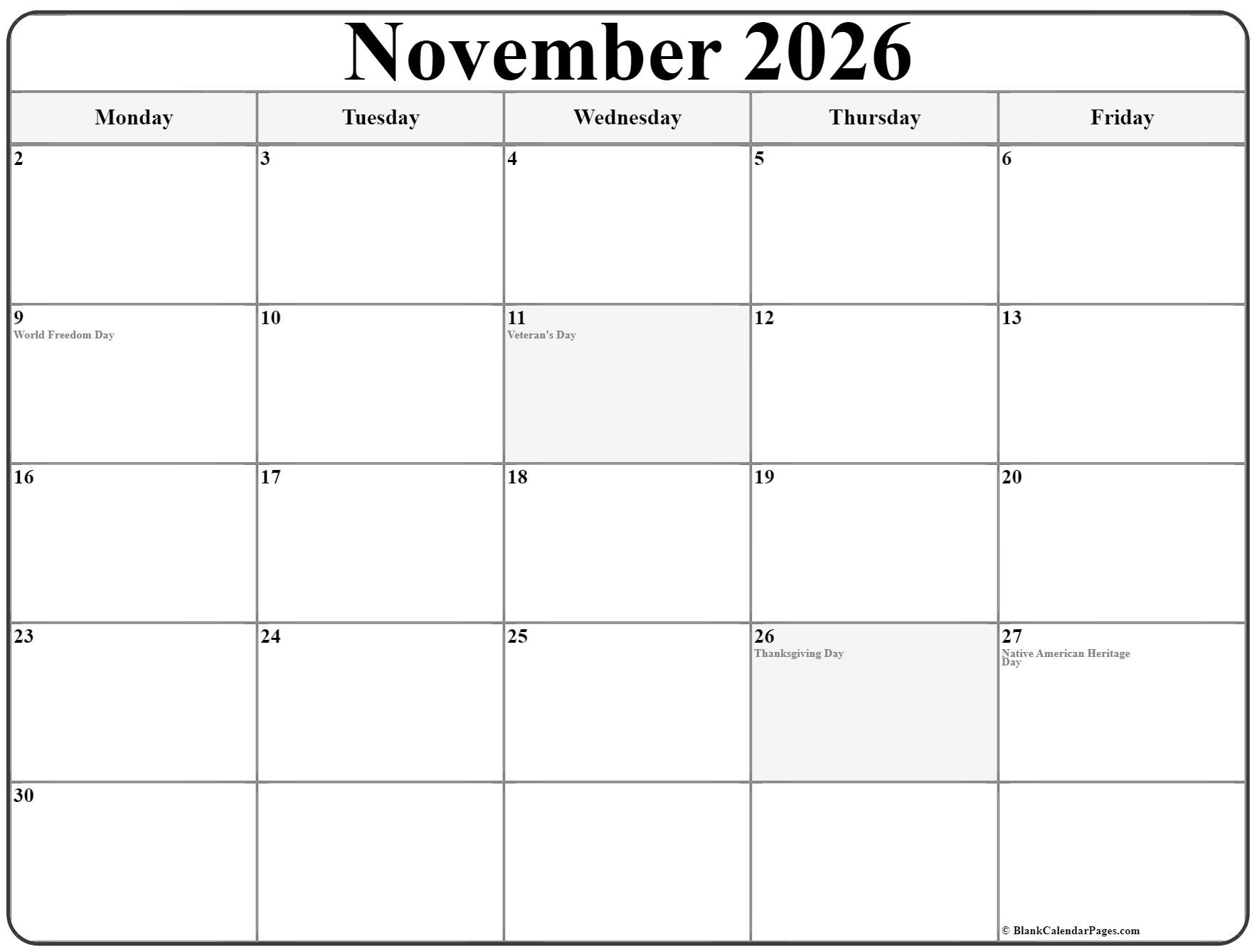 November 2026 Monday Calendar | Monday to Sunday