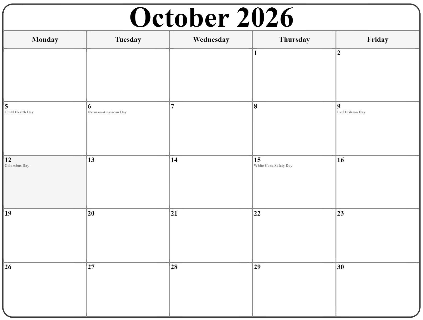 October 2022 Monday Calendar Monday To Sunday