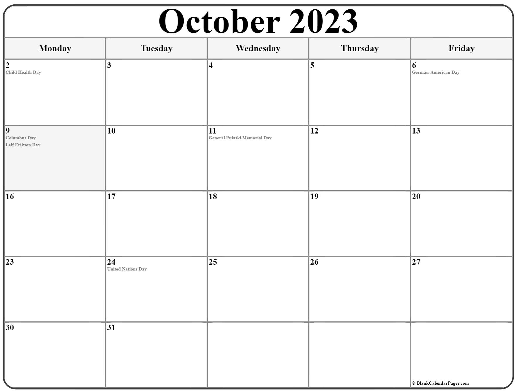 October 2023 Monday Calendar | Monday to Sunday