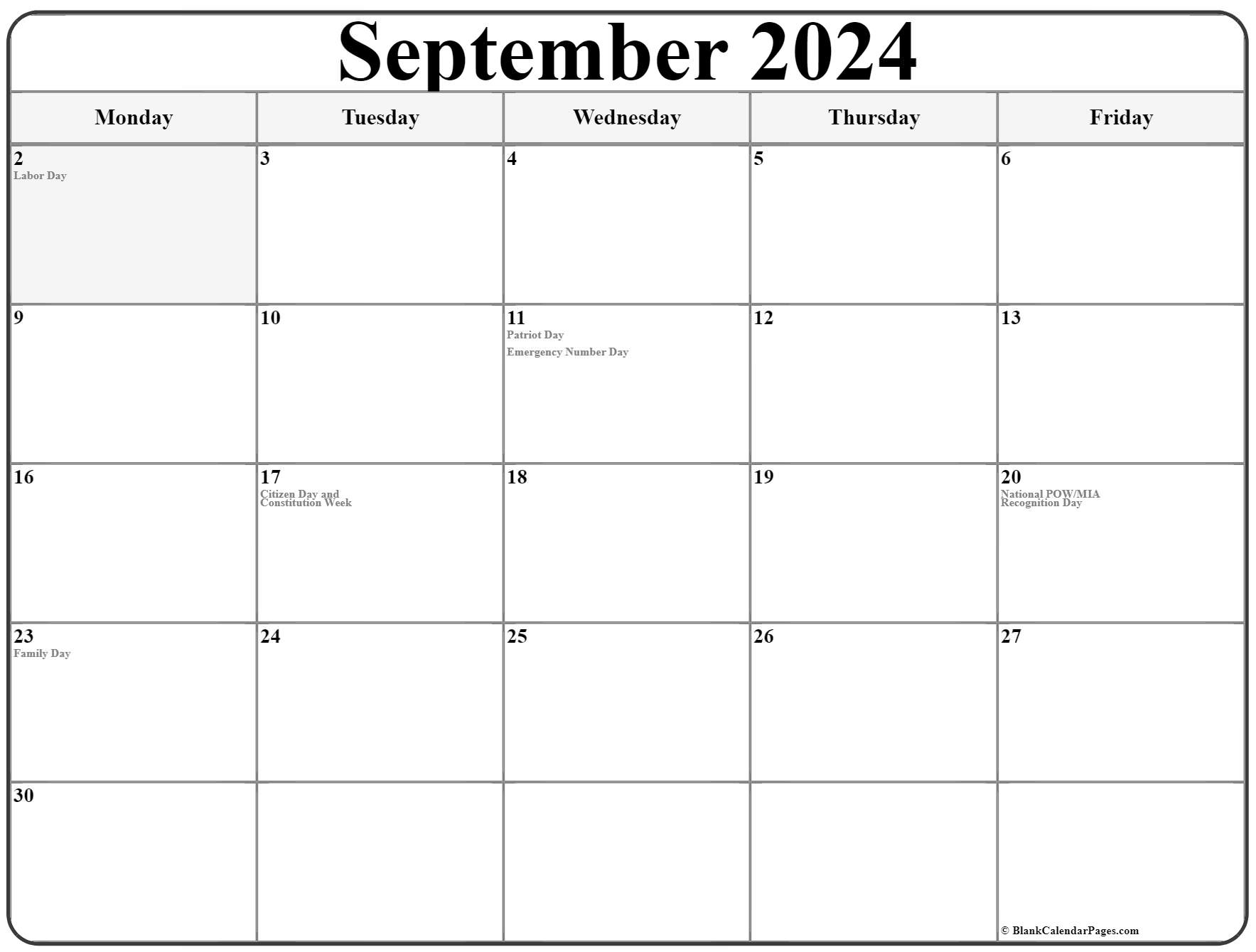 September 2024 Monday Calendar | Monday to Sunday