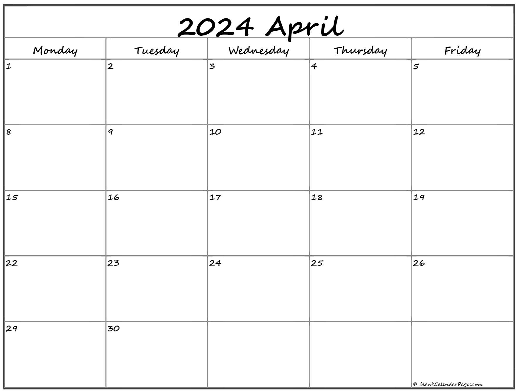 April 2021 Monday Calendar Monday to Sunday