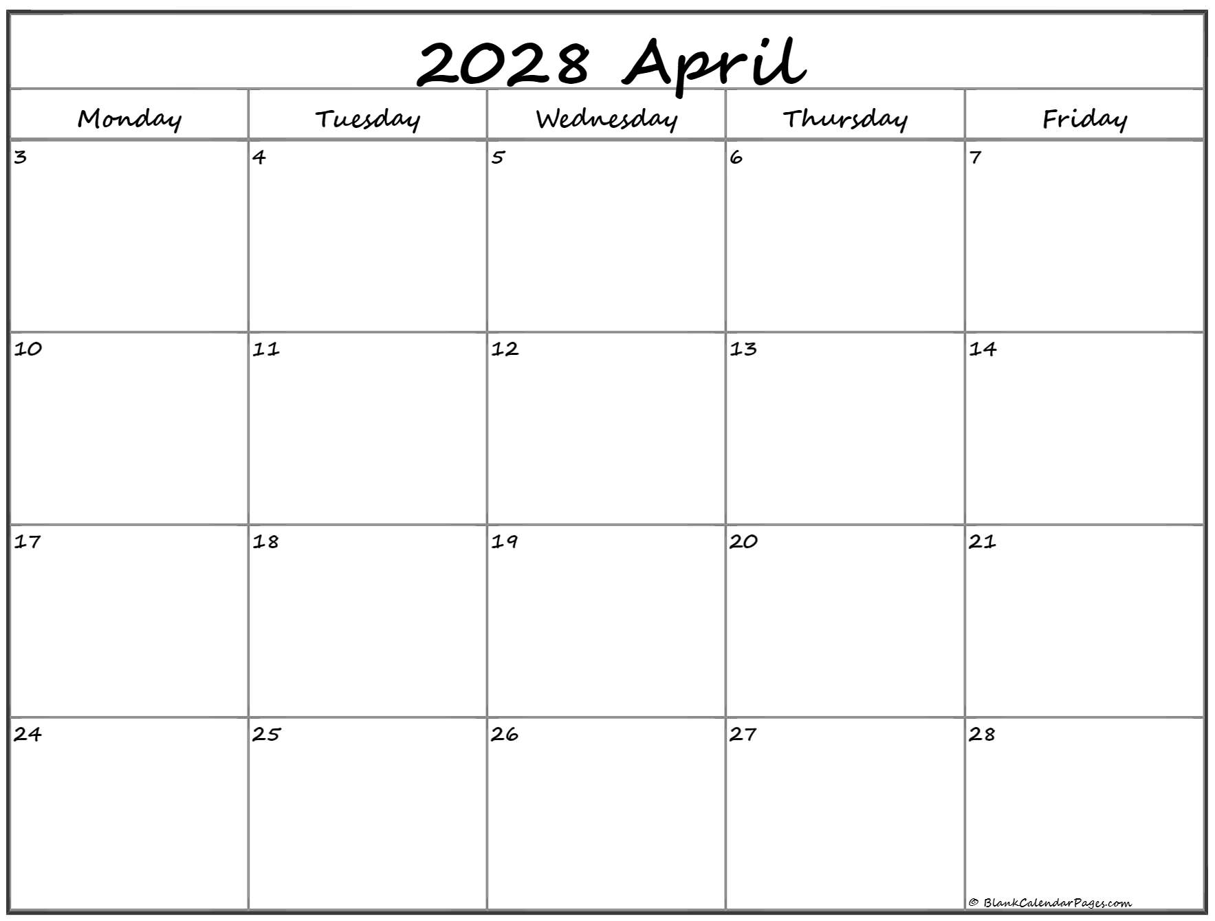 April 2028 Monday through Friday calendar.