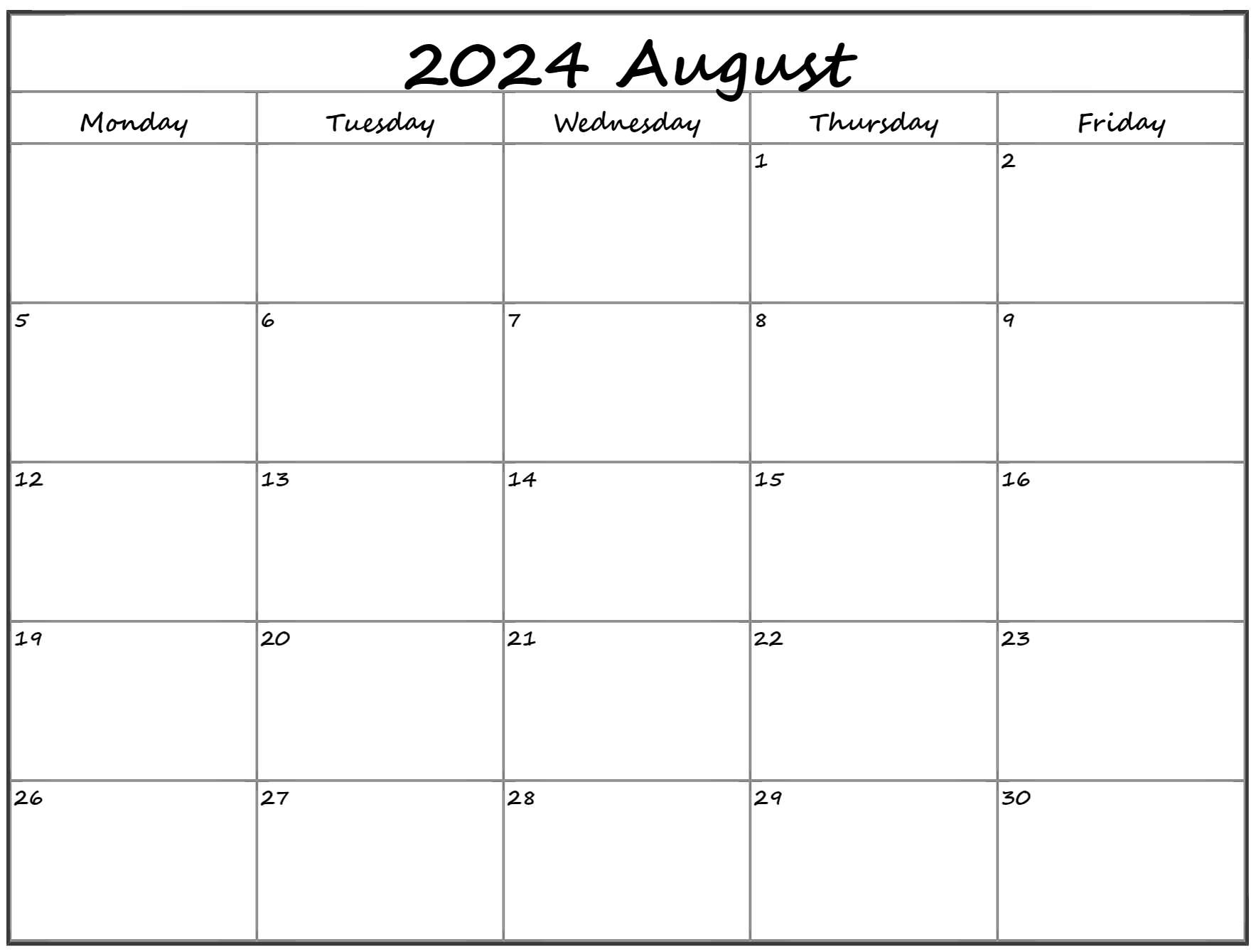 August 2021 Monday Calendar Monday to Sunday